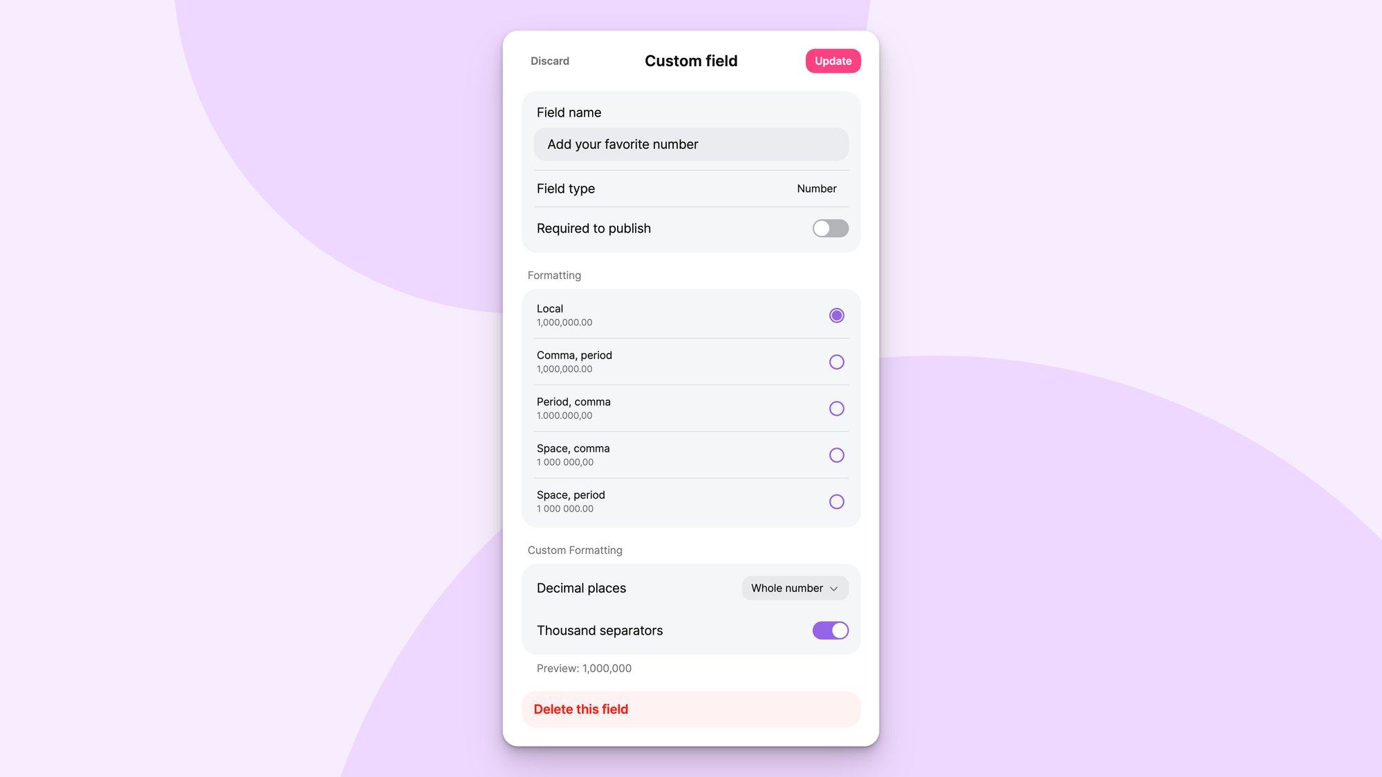 A screenshot of the custom number field settings
