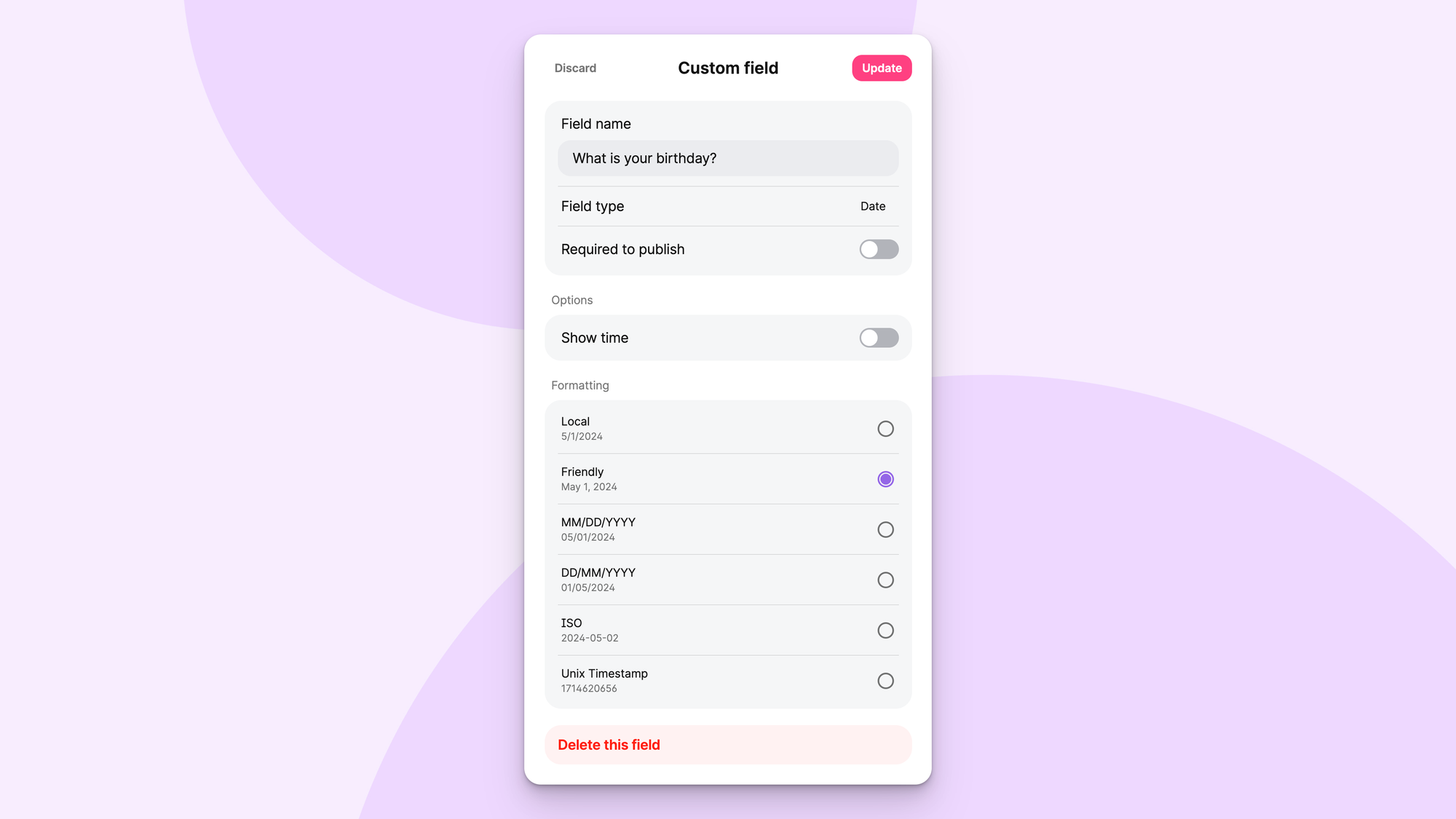 A screenshot of the custom date field settings