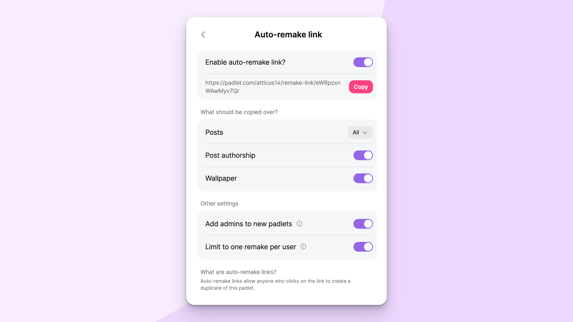 Auto-remake link settings