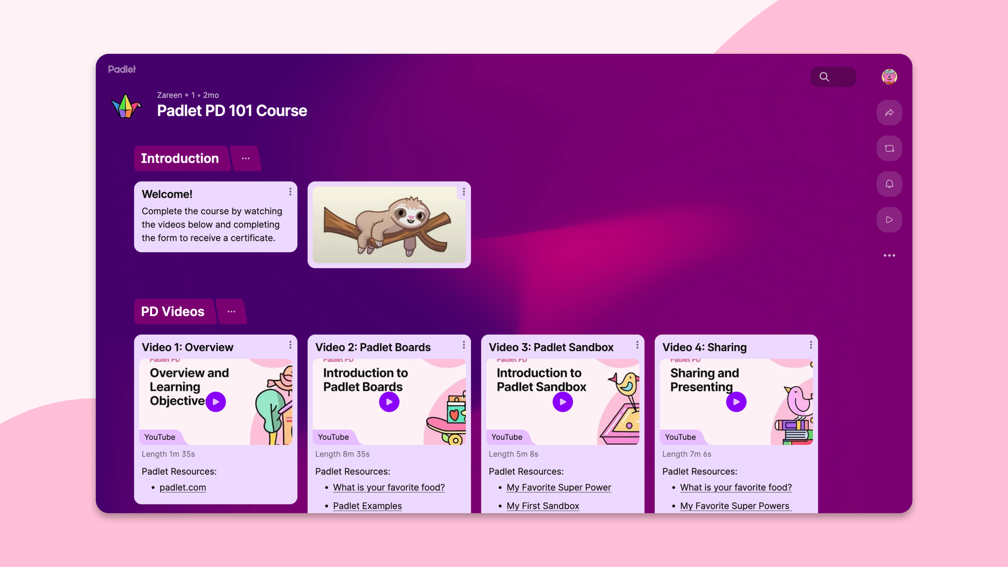 Padlet PD 101 course interface showing introduction and four training video modules.