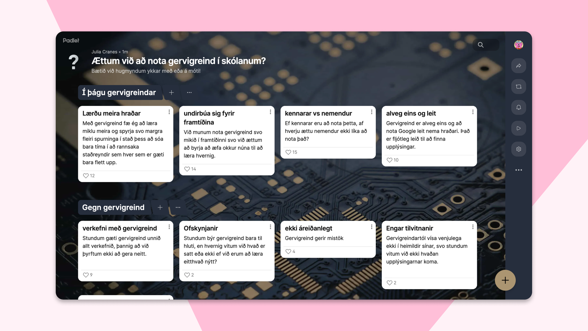 Padlet interface in Icelandic showing a discussion board about school experiences