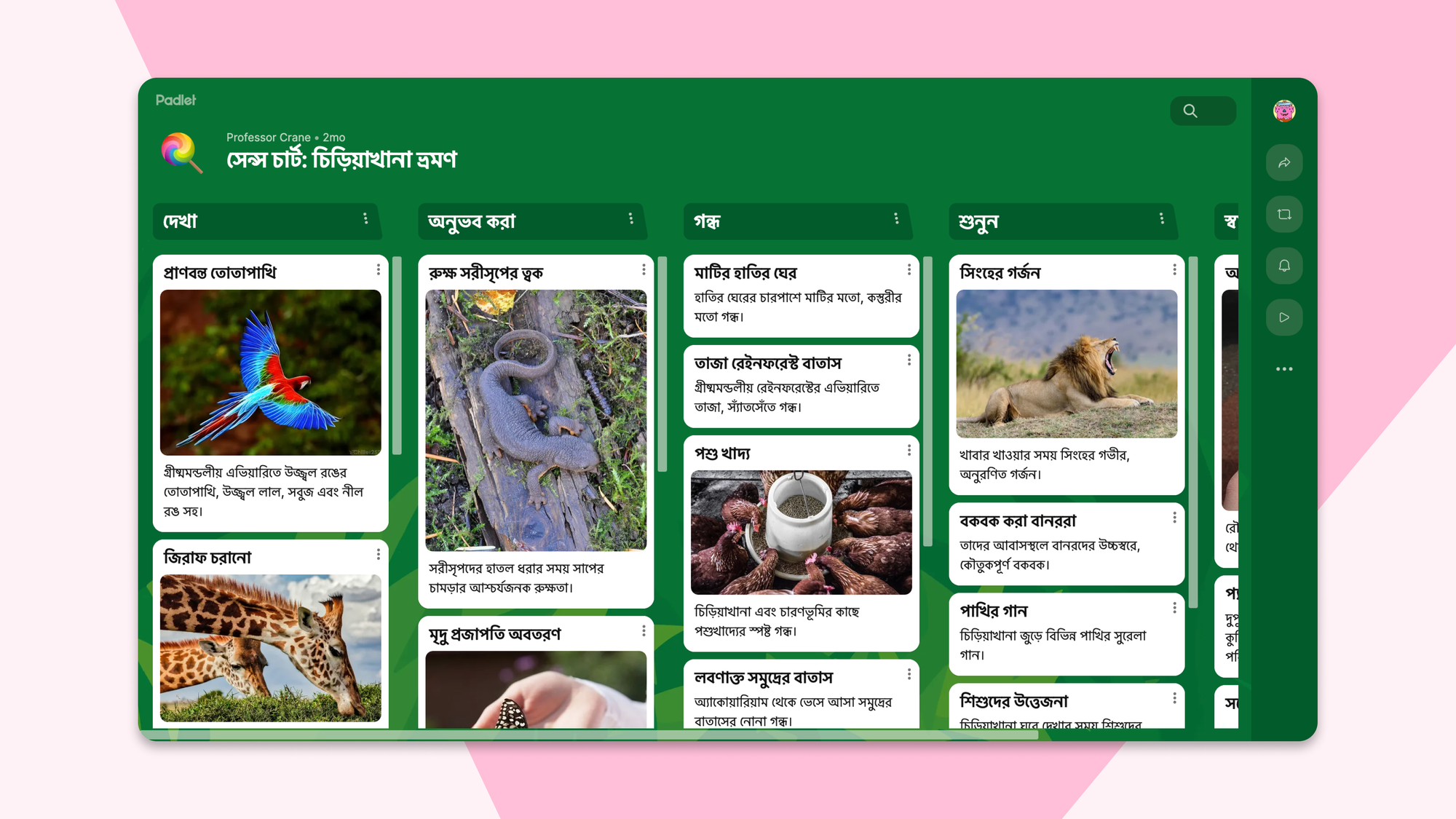 Padlet board in Bengali featuring animal photos and facts organized in columns