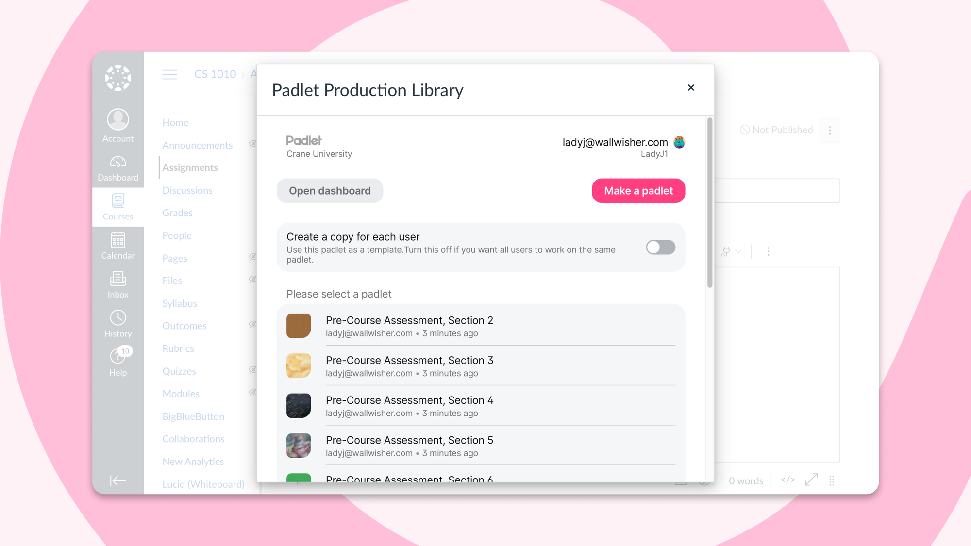 Padlet LMS integration dialog showing automatic course syncing options, with a toggle for creating copies and a list of available padlets for assignment