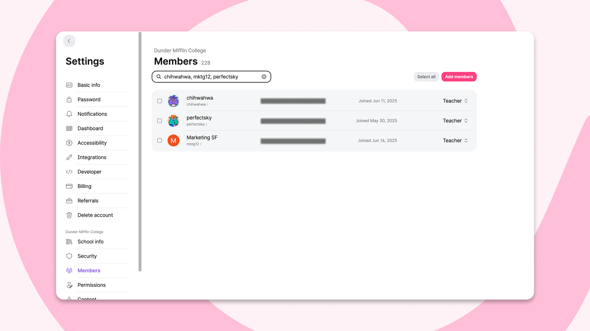 Padlet member search interface displaying search results for multiple usernames, showing bulk search capability with comma-separated queries