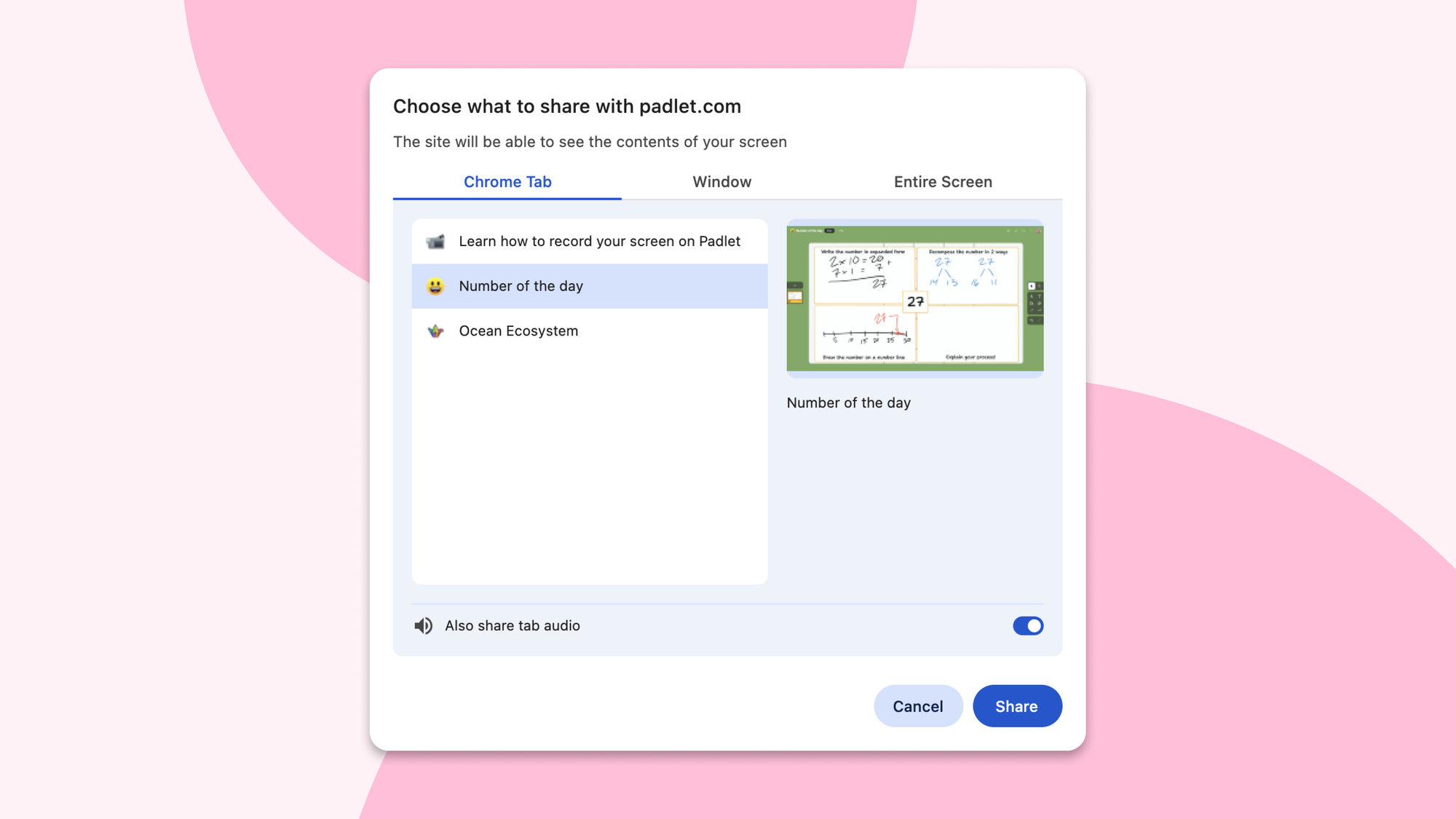 Browser prompt asking the user to choose a tab, window, or screen to share for recording.