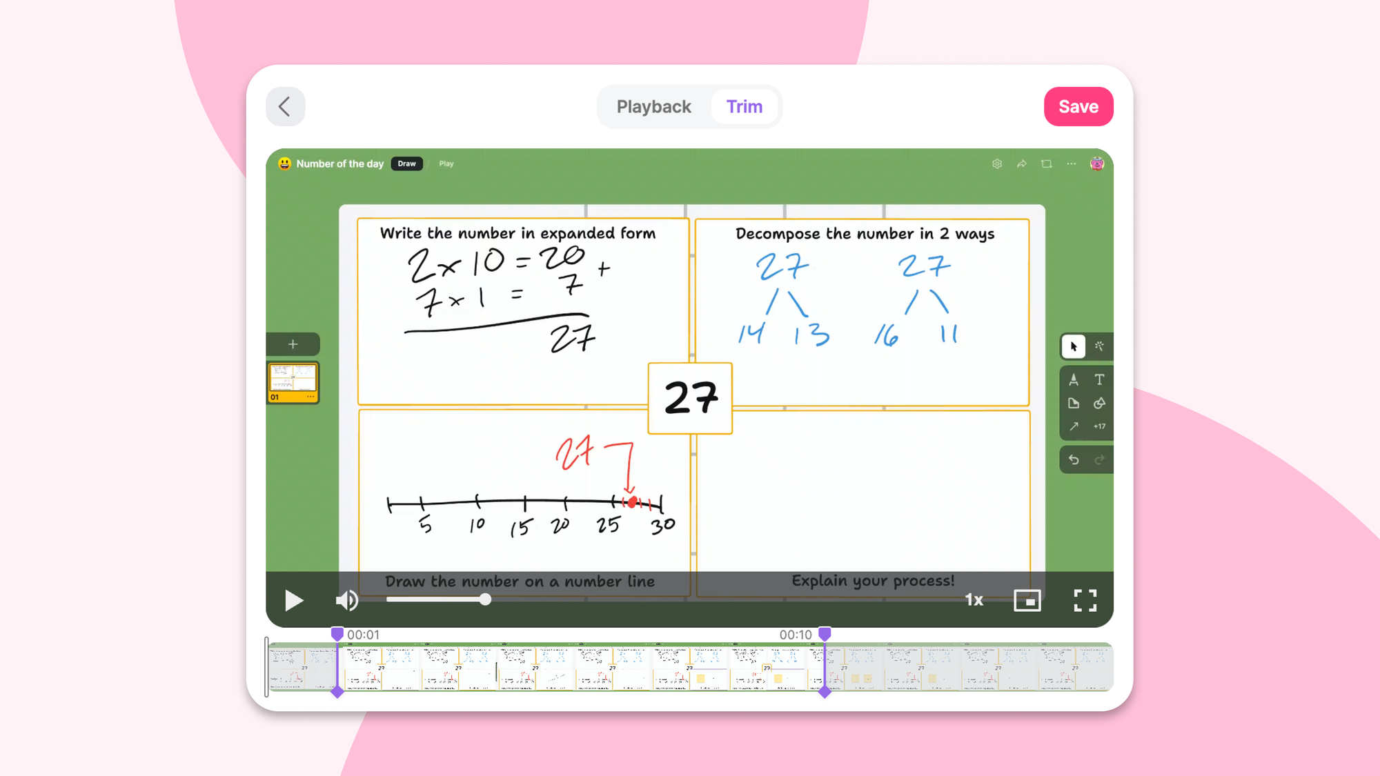 A recorded math lesson on Padlet being trimmed in the video editor.