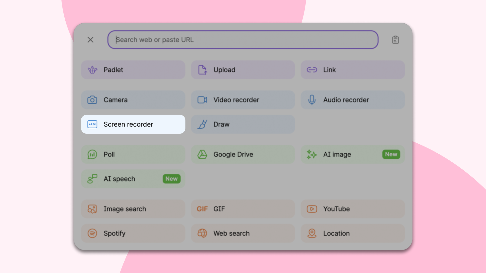 Padlet attachment picker with “Screen recorder” highlighted among other content types.