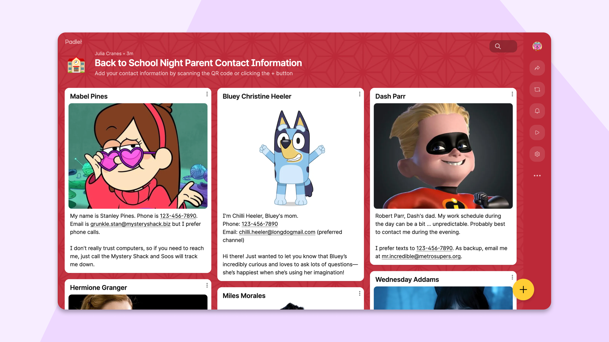 Parent contact information in wall format with individual post cards