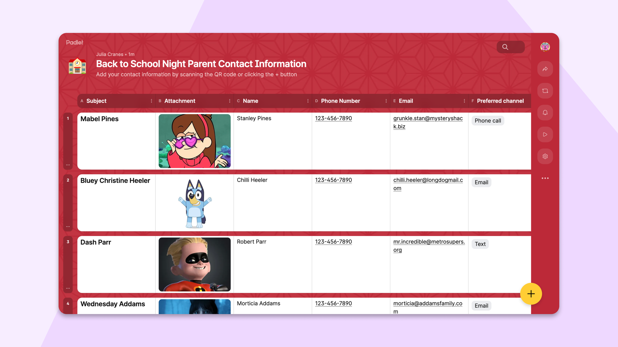 Parent contact information displayed in table format with photos and details