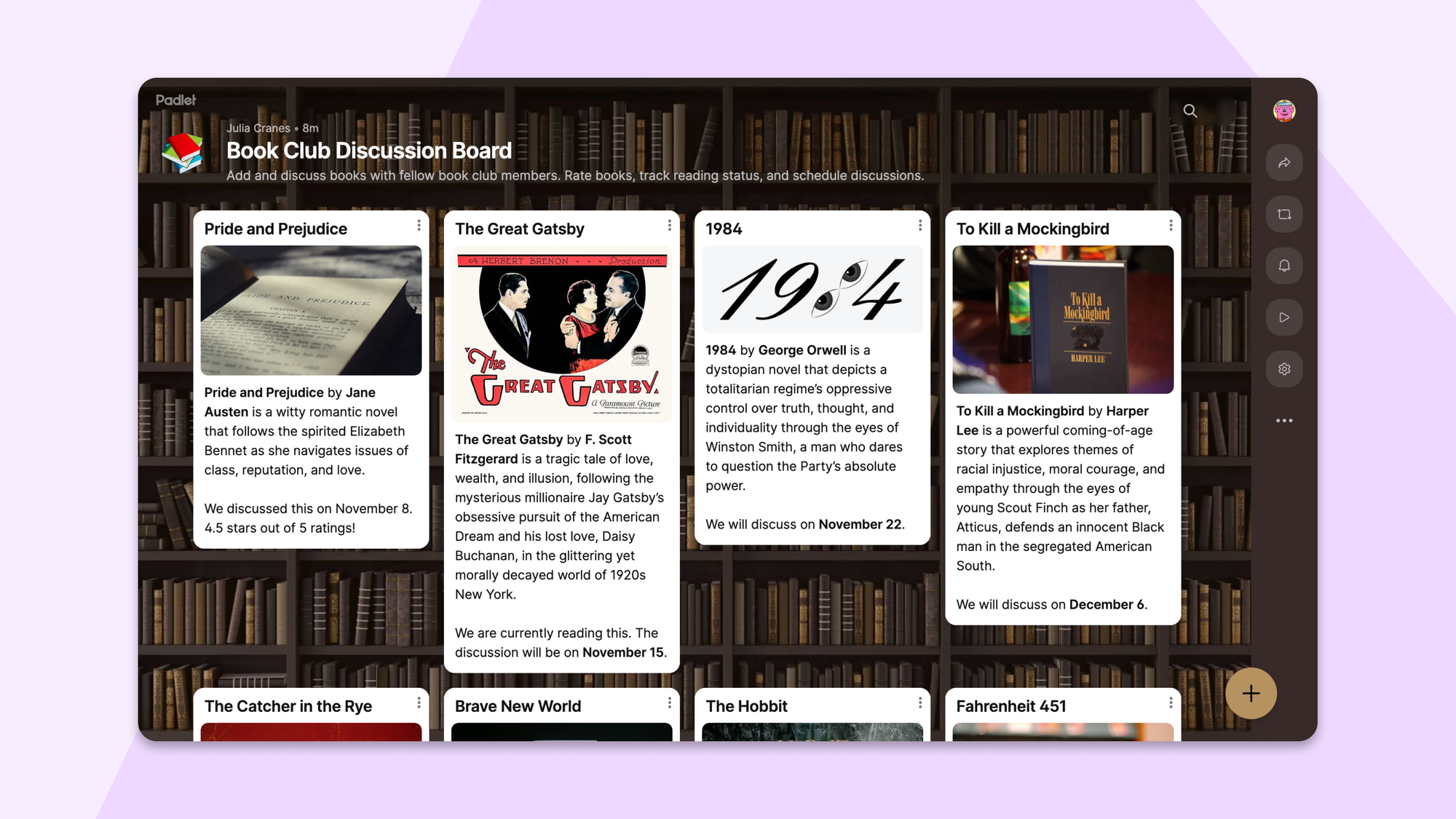 Book club padlet in wall format with scattered book posts