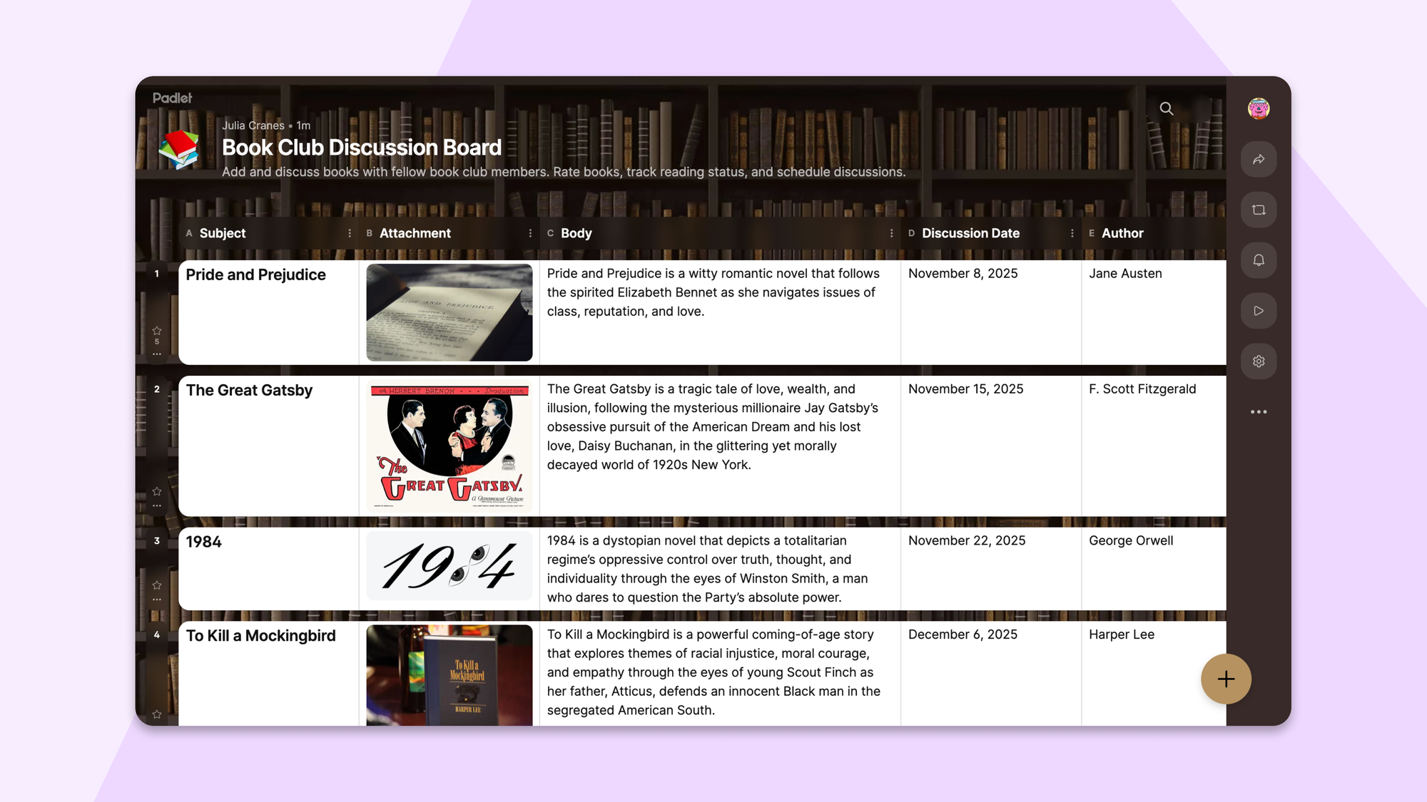 Book club information organized in table format with cover images