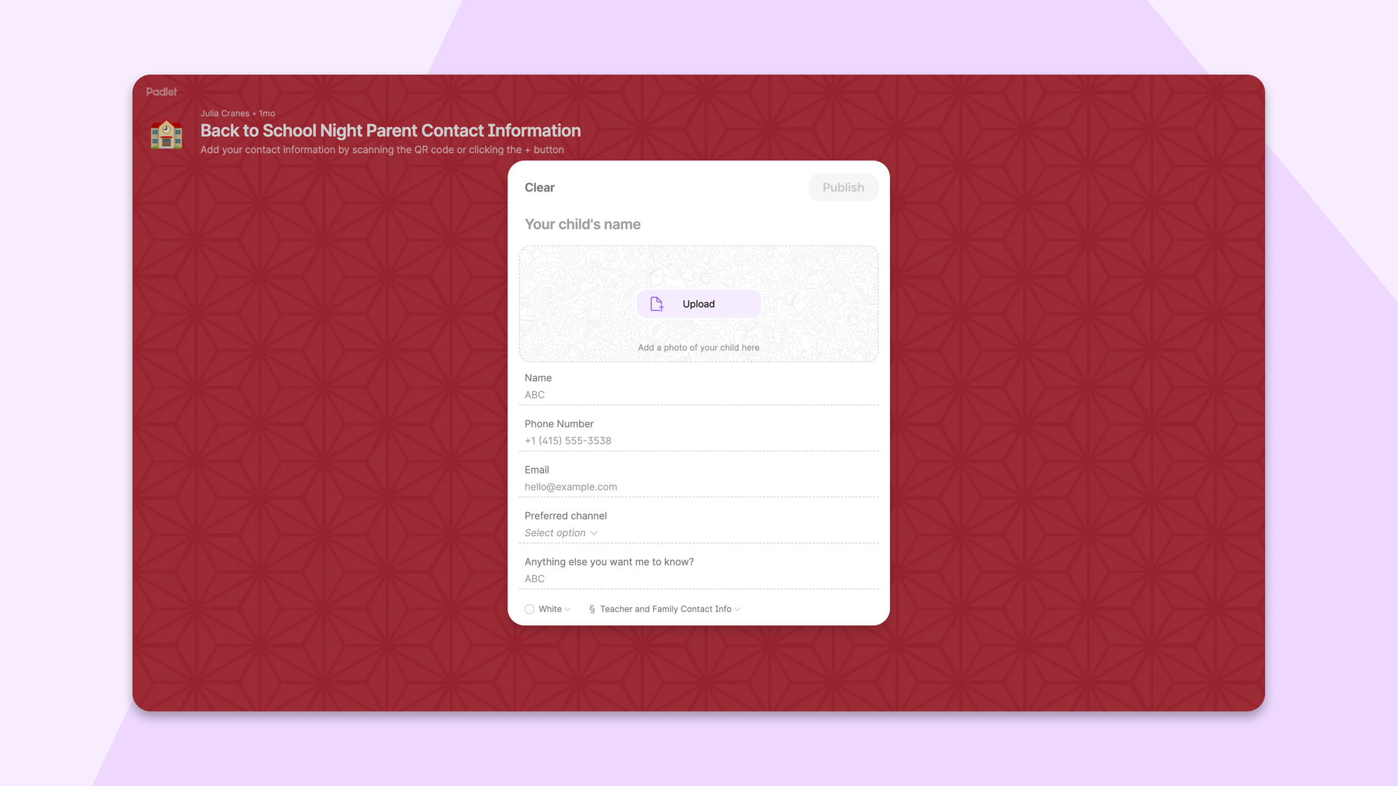Parent contact submission form with fields for child's name, phone, email