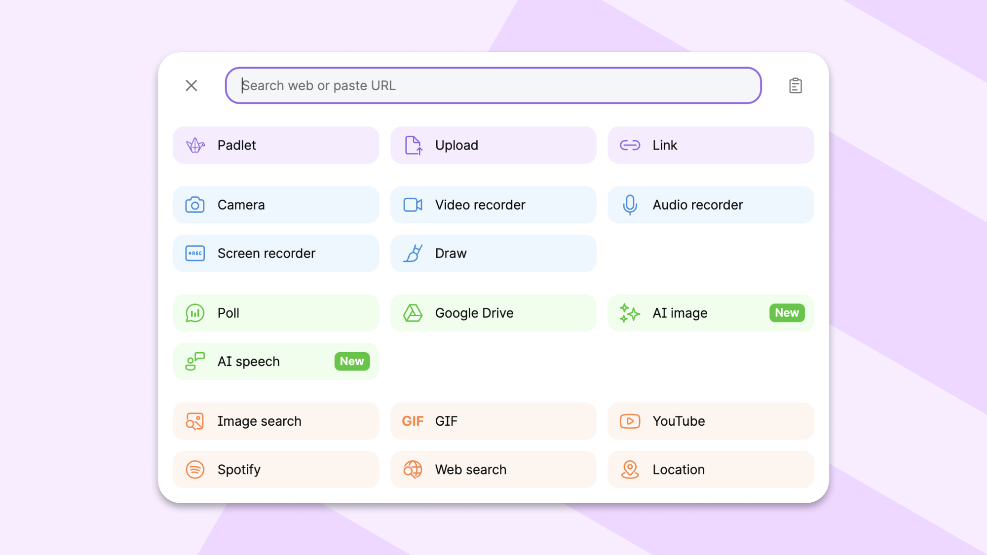 Padlet upload menu showing different video tools including camera, screen recorder, video recorder, and audio recorder.