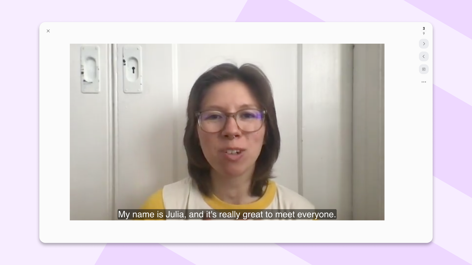 A video reply on Padlet with automatic captions reading “My name is Julia, and it’s really great to meet everyone.”