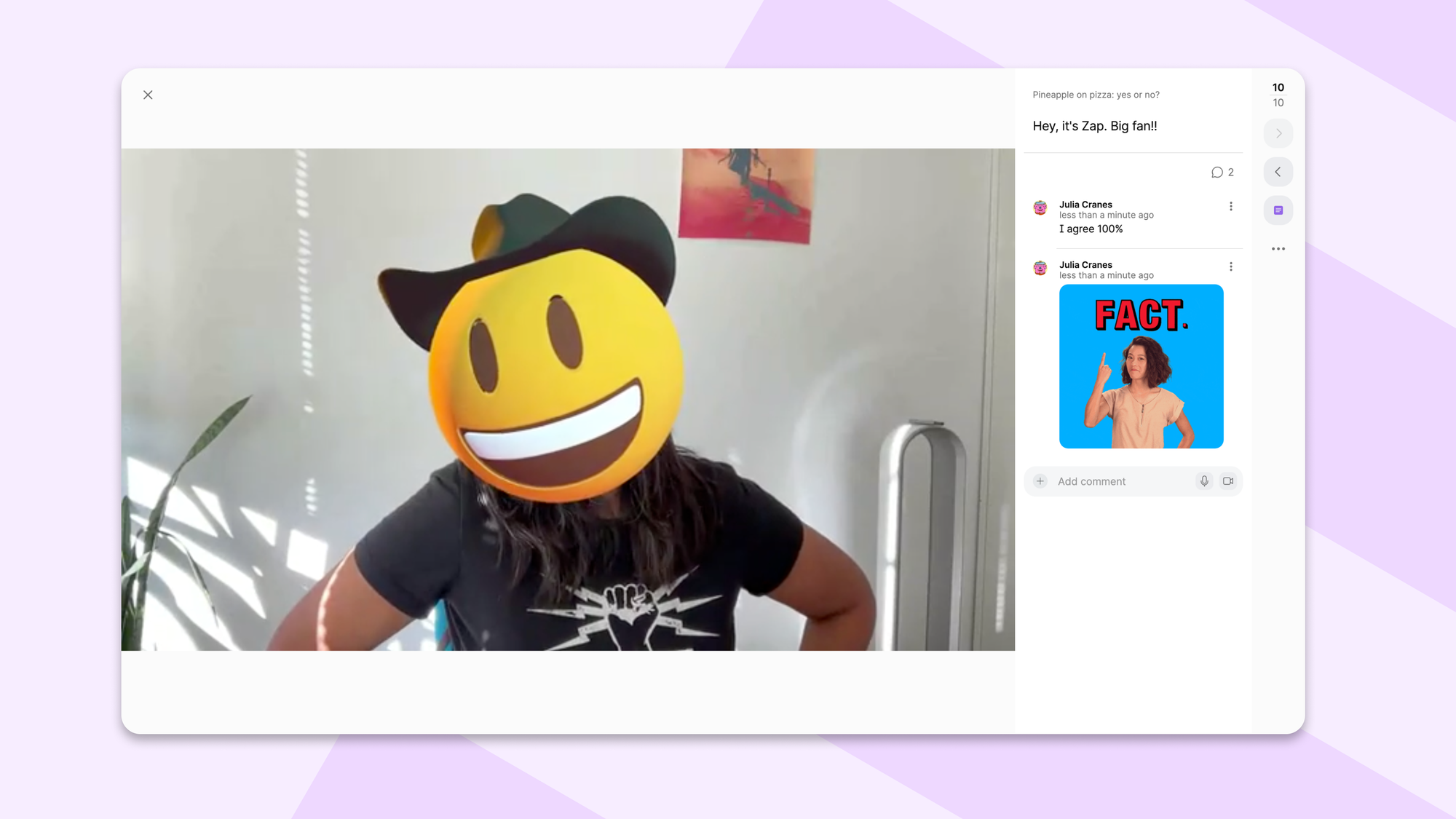 A student using a cowboy emoji AR filter shares a video on Padlet, with text comments and a reaction GIF alongside.