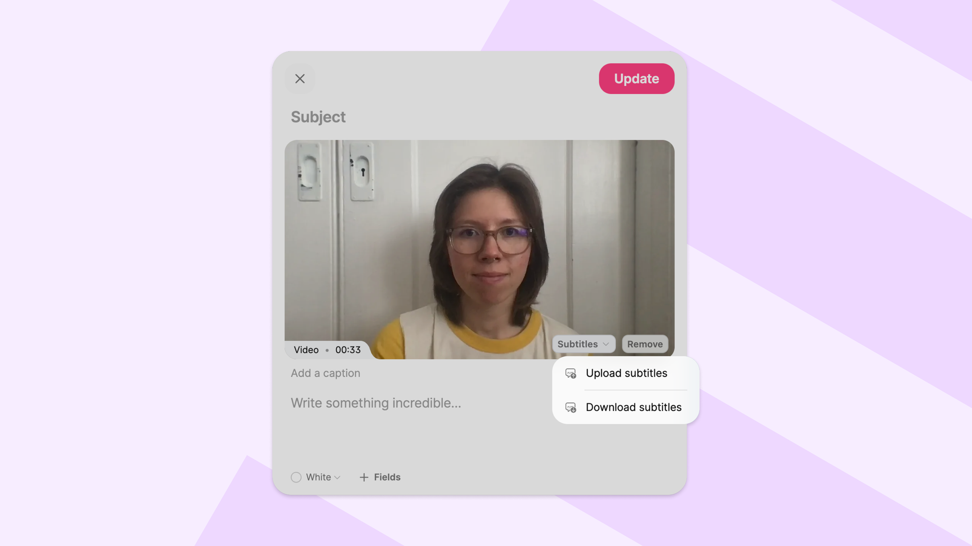 A video post on Padlet showing subtitle options, with a dropdown menu to upload or download subtitles.