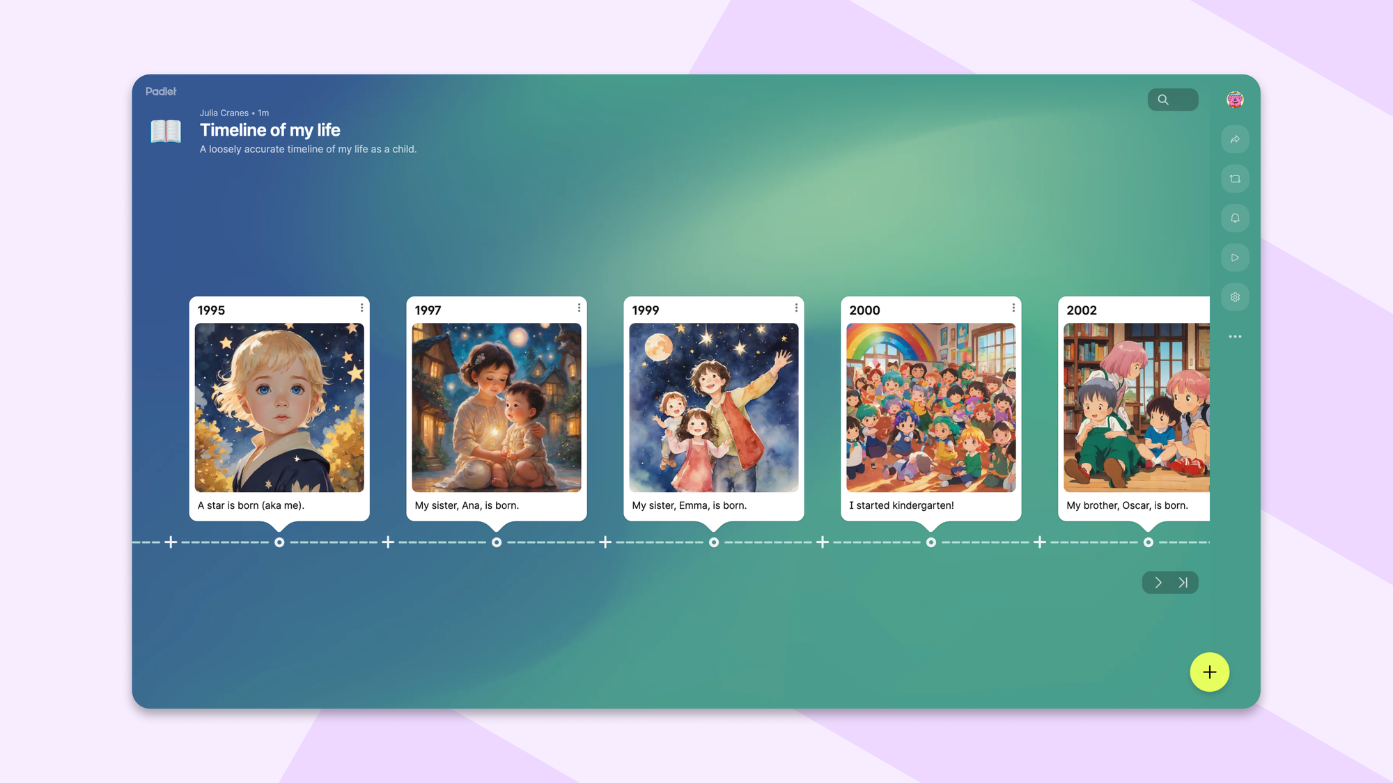 Personal childhood timeline padlet from 1995-2002 with illustrated milestone cards