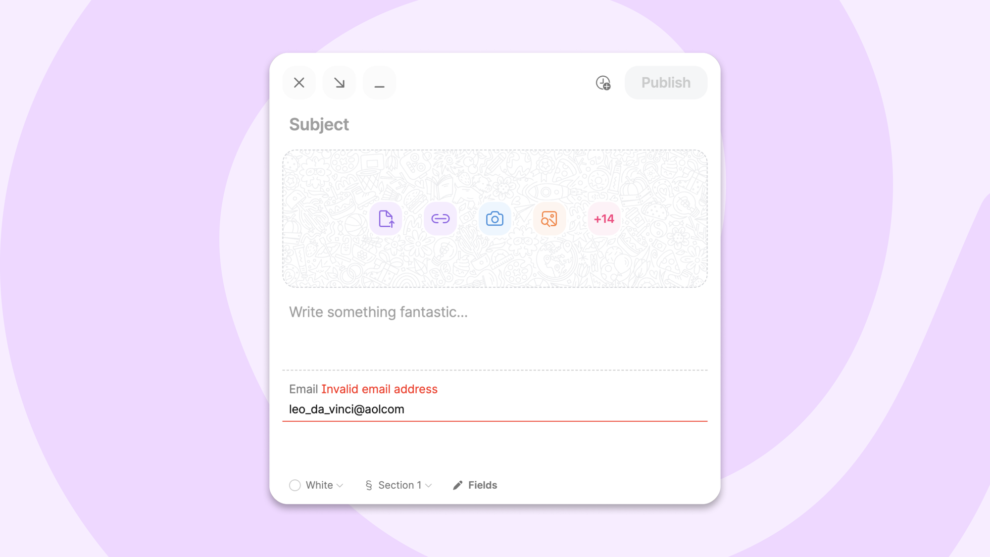 Post composer showing Email field with validation error 'Invalid email address' for 'leo_da_vinci@aolcom'