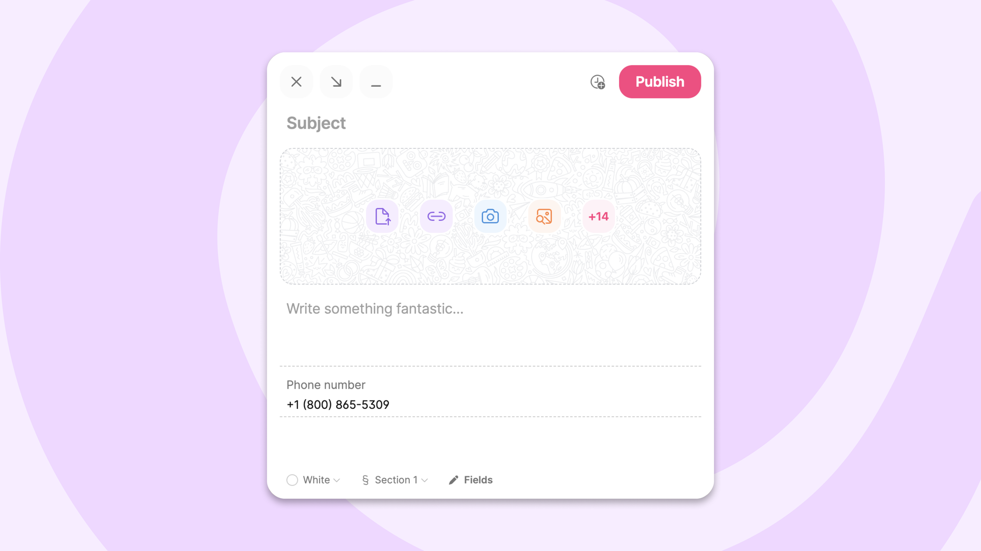 Post composer showing Phone number field with '+1 (800) 865-5309' entered