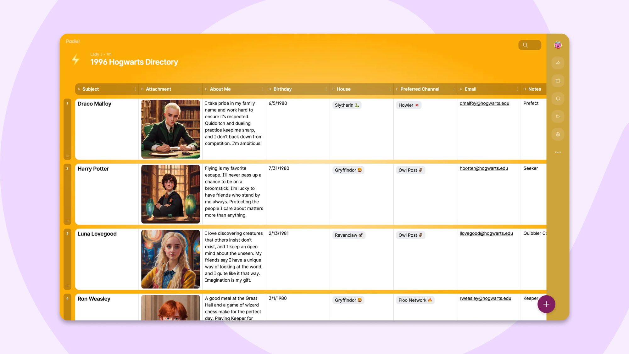 Hogwarts Directory in table format showing student data with custom fields including Email addresses in a dedicated column