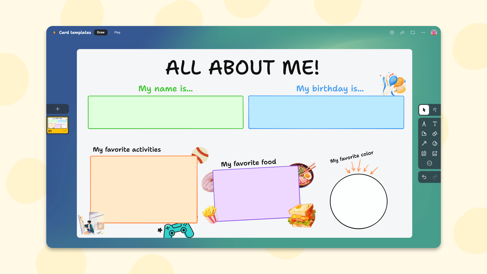 Screenshot of an all about me sandbox card template.