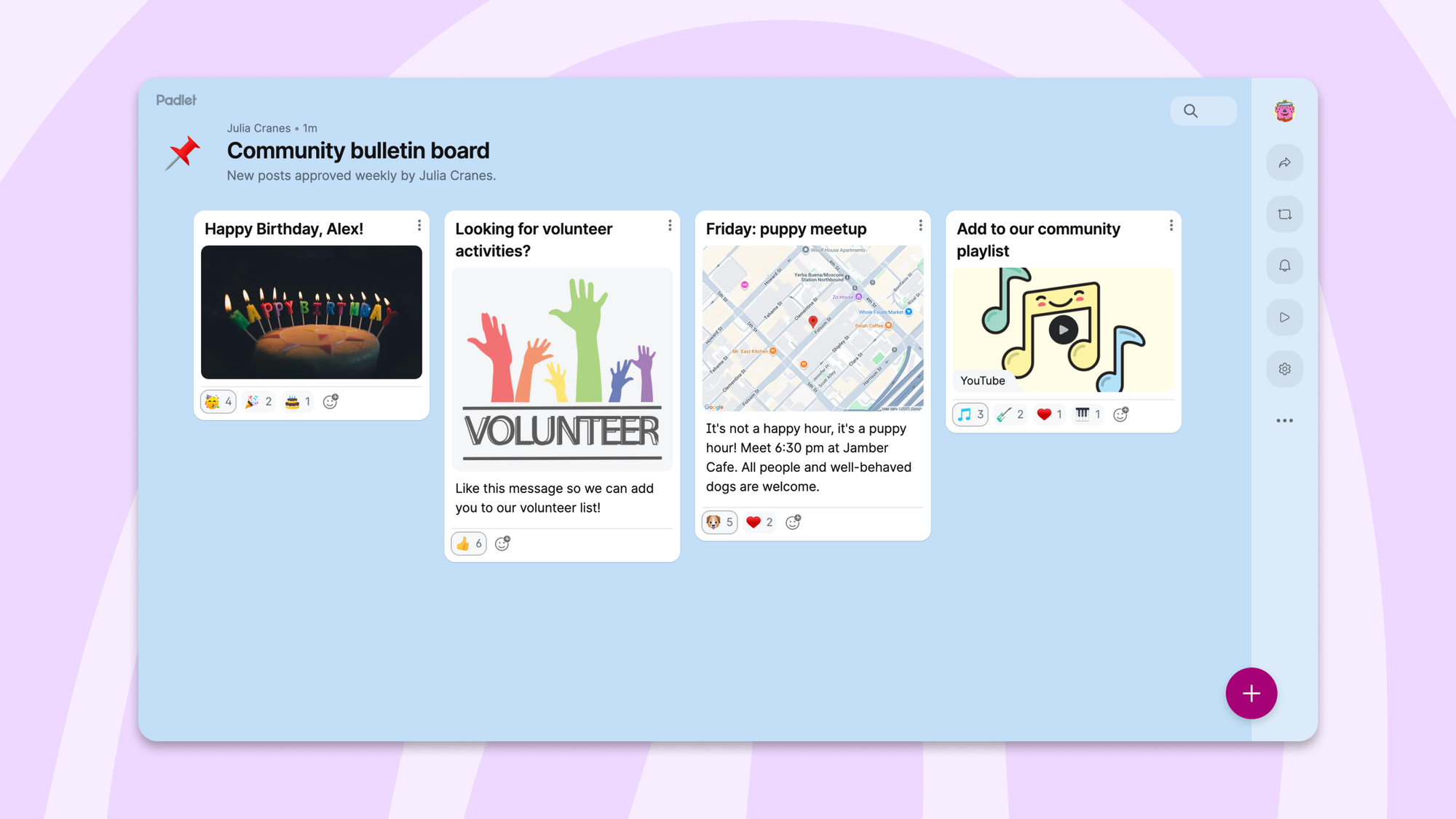 Screenshot of a bulletin board padlet with emoji reactions being used.