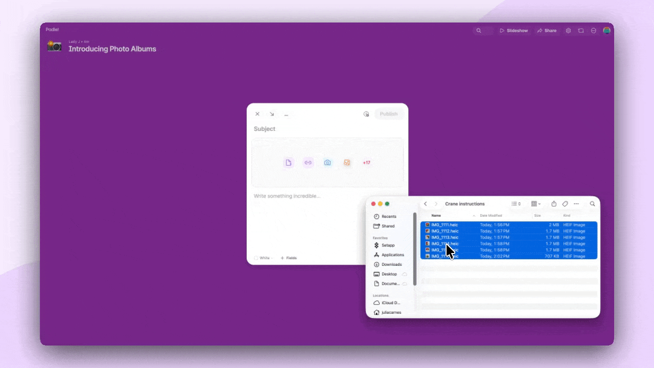 GIF showing how to add multiple photos to one post by dragging and dropping several photos onto one post.