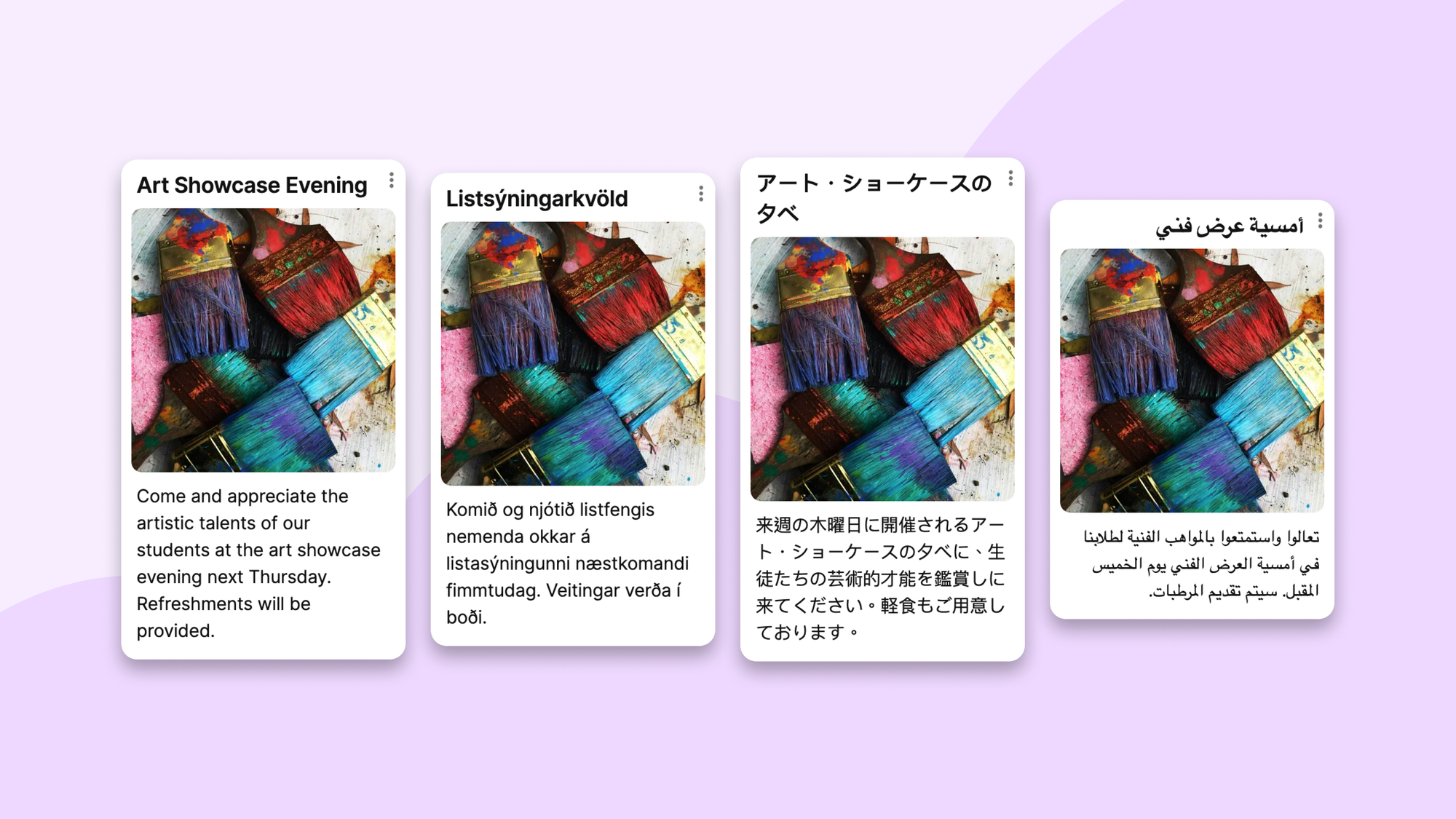 Several screenshots showing the same post translated into several languages.