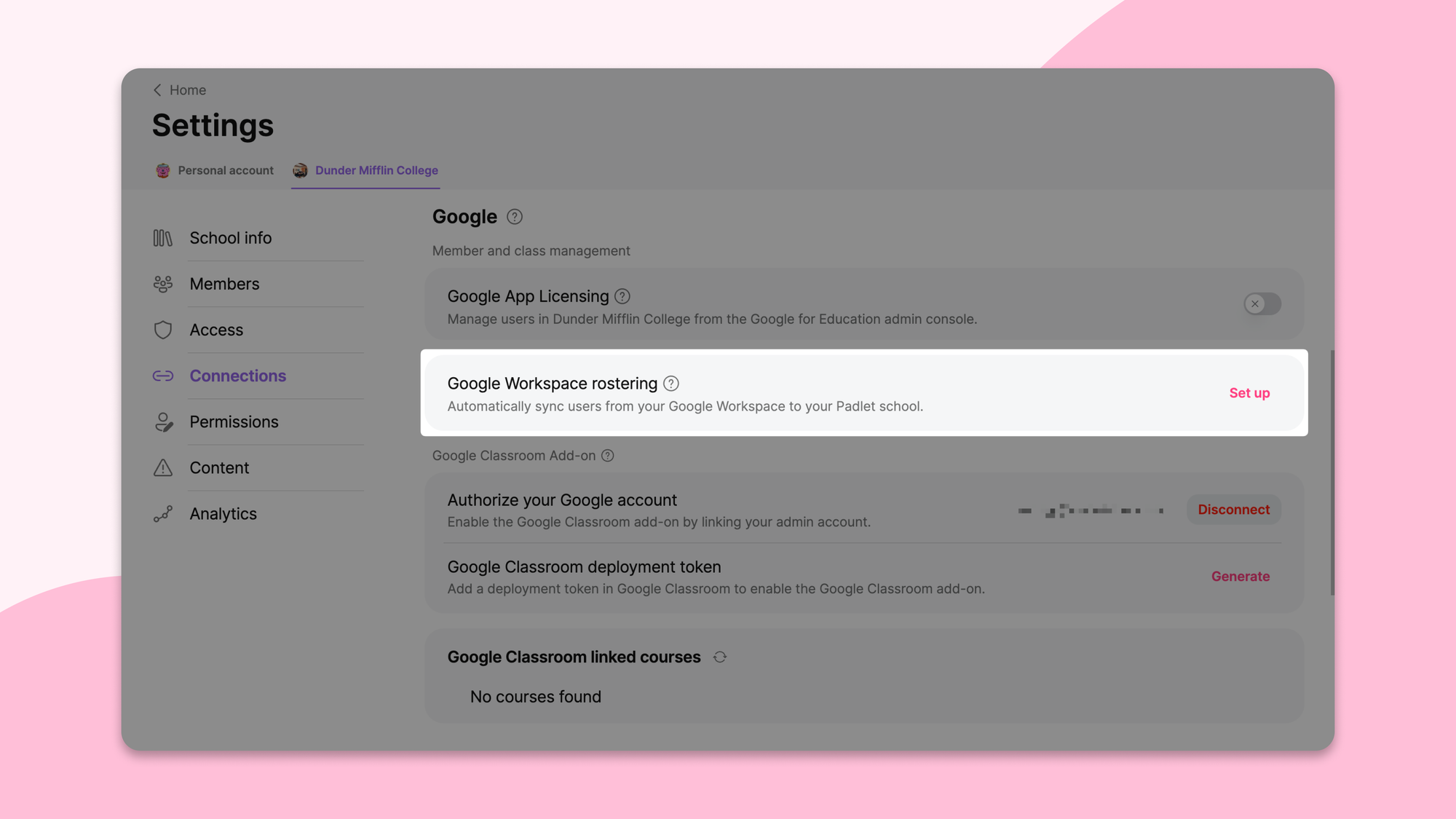 The Connections page in Padlet school account settings, showing Google Workspace rostering and Google Classroom add-on setup options.