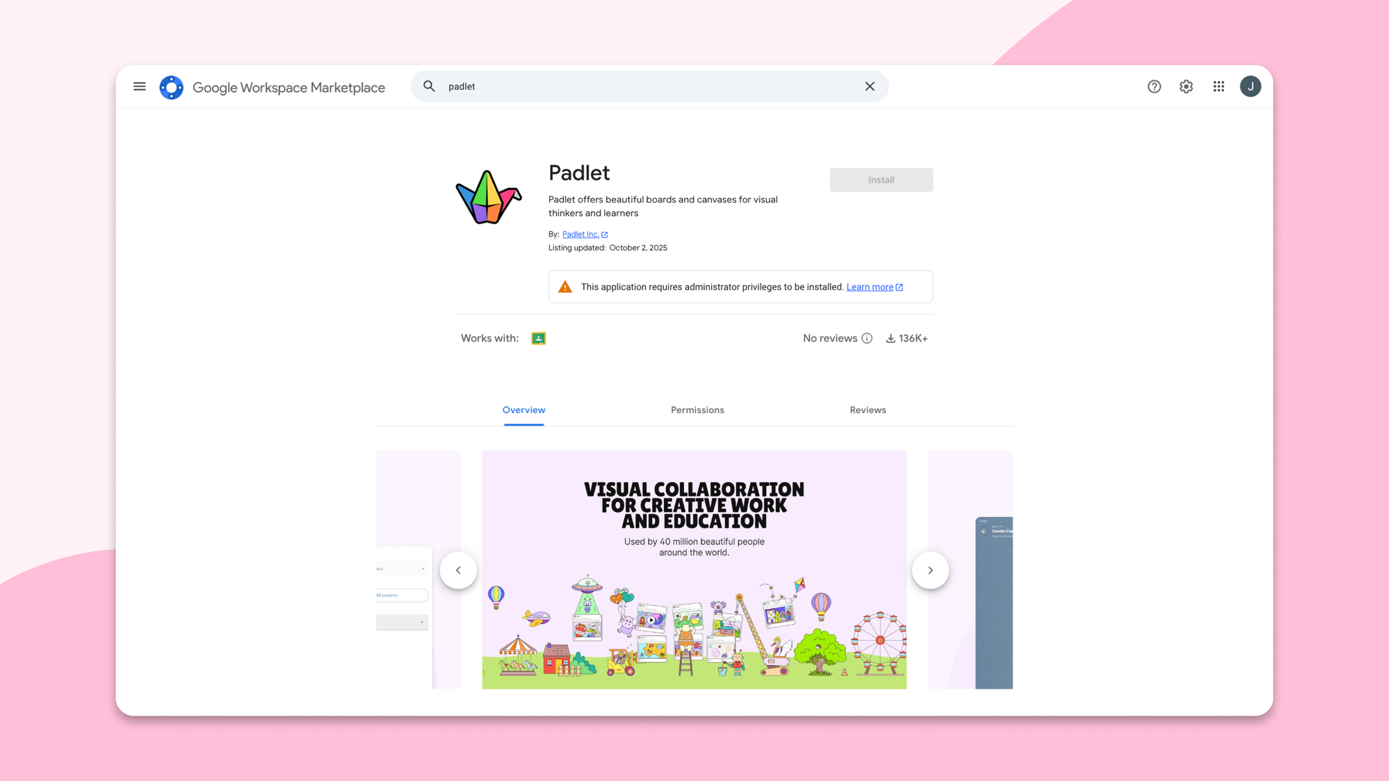 Padlet's listing on the Google Workspace Marketplace.