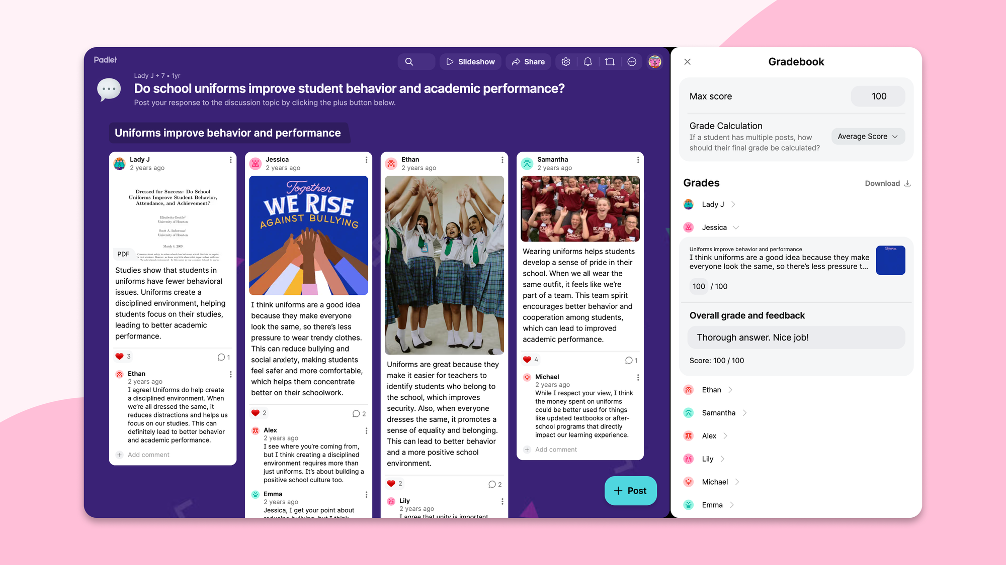 Padlet gradebook panel open alongside a student discussion board, showing individual scores and feedback fields.