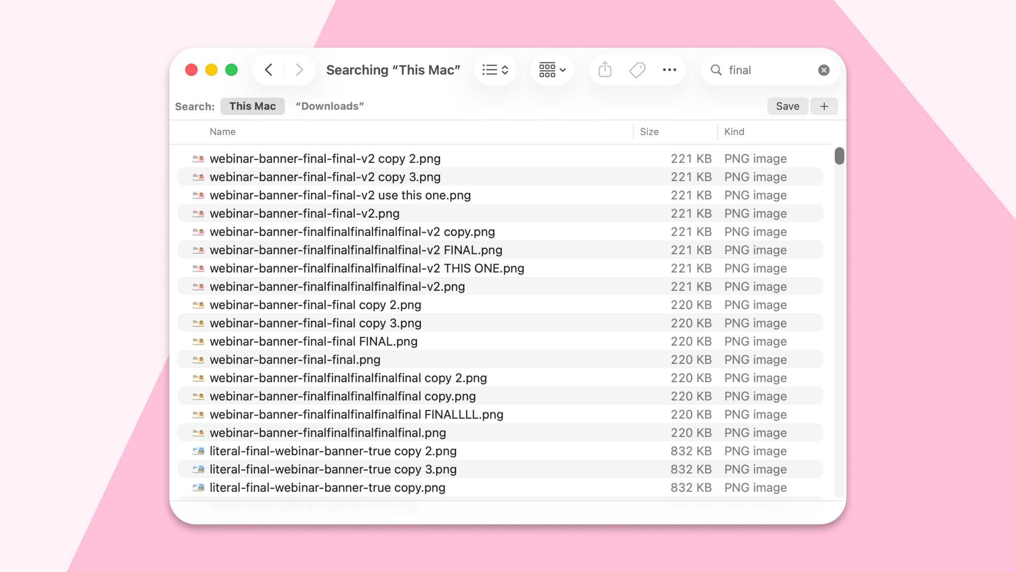 Screenshot of a Downloads folder with a variety of file versions ending in 'final', 'final-final', and so on.
