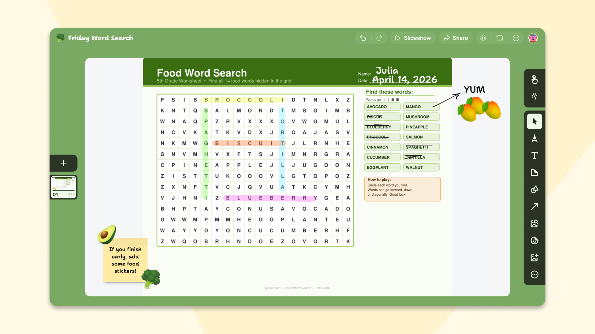 A Padlet Sandbox showing an imported word search worksheet for 5th grade with found words crossed offi and a sticky note with a bonus activity prompt.