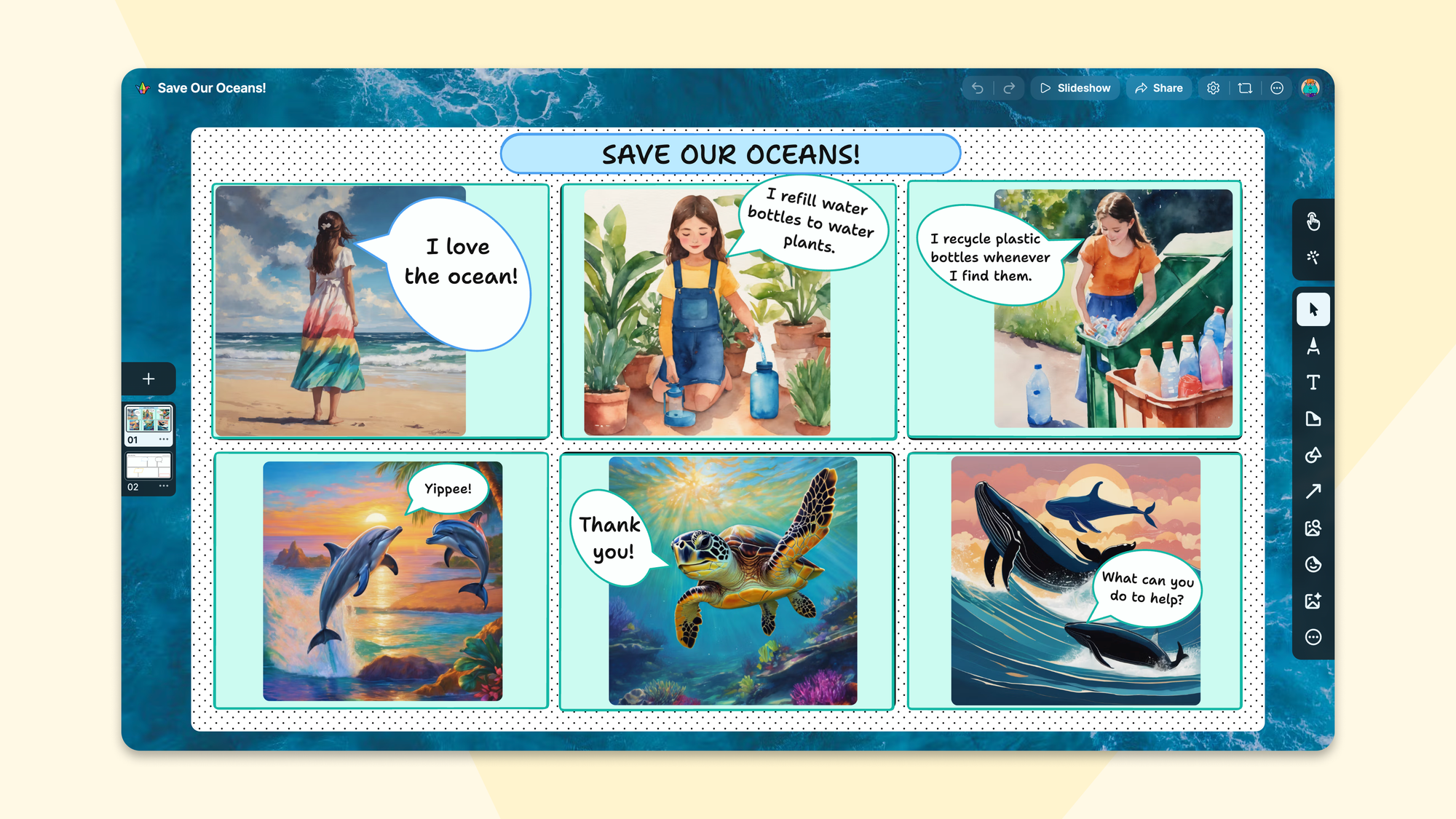 A Padlet Sandbox displaying a comic-style layout titled "Save Our Oceans!" with six illustrated panels featuring children and sea animals with speech bubbles about ocean conservation.