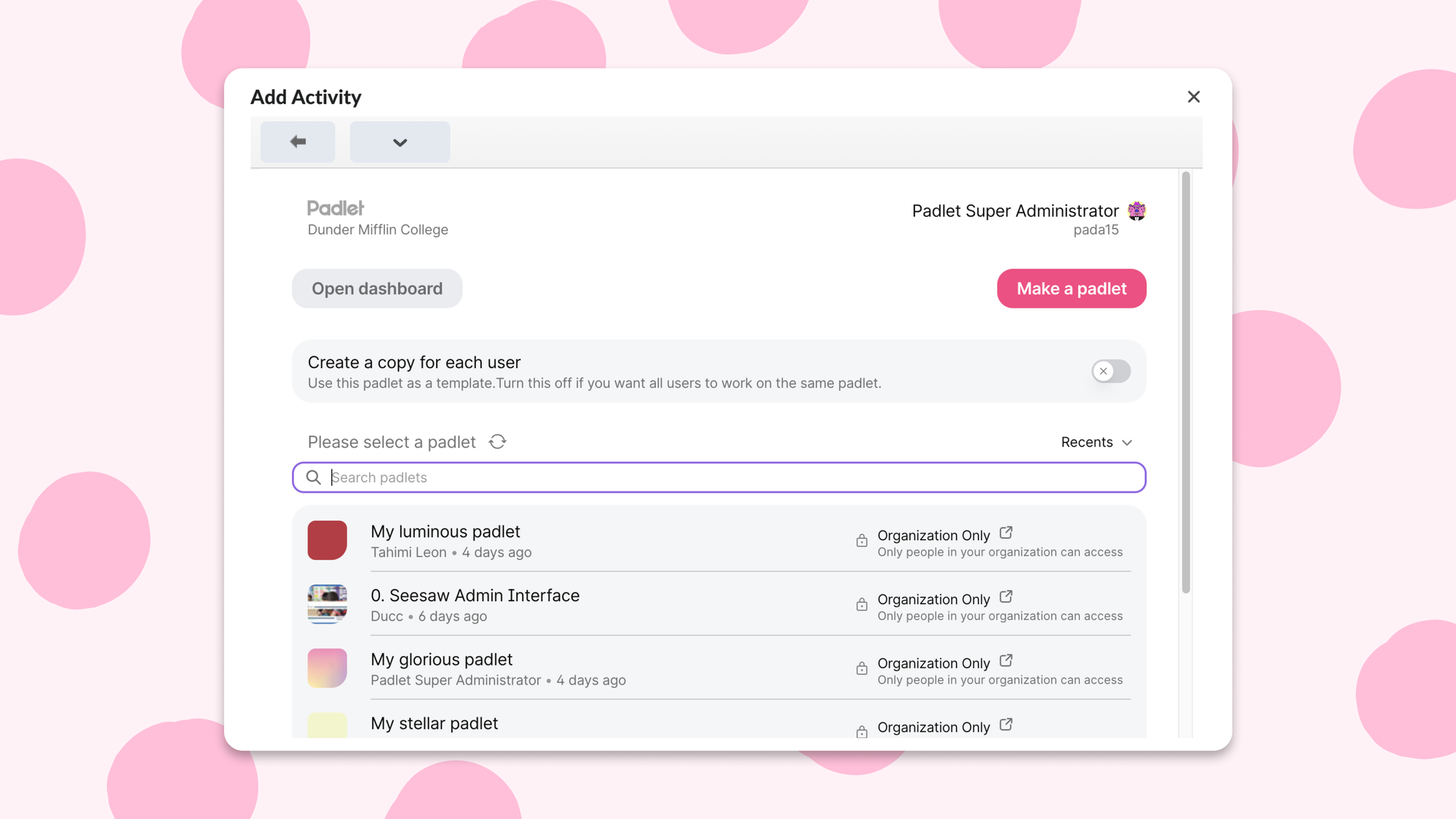 Screenshot of the new Padlet menu within an LMS.