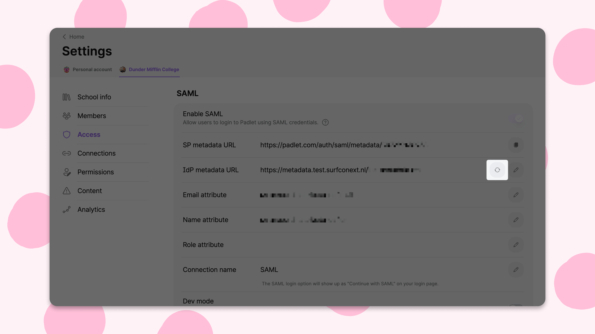 Screenshot of the new SAML IdP metadata sync button within Padlet for Schools settings.