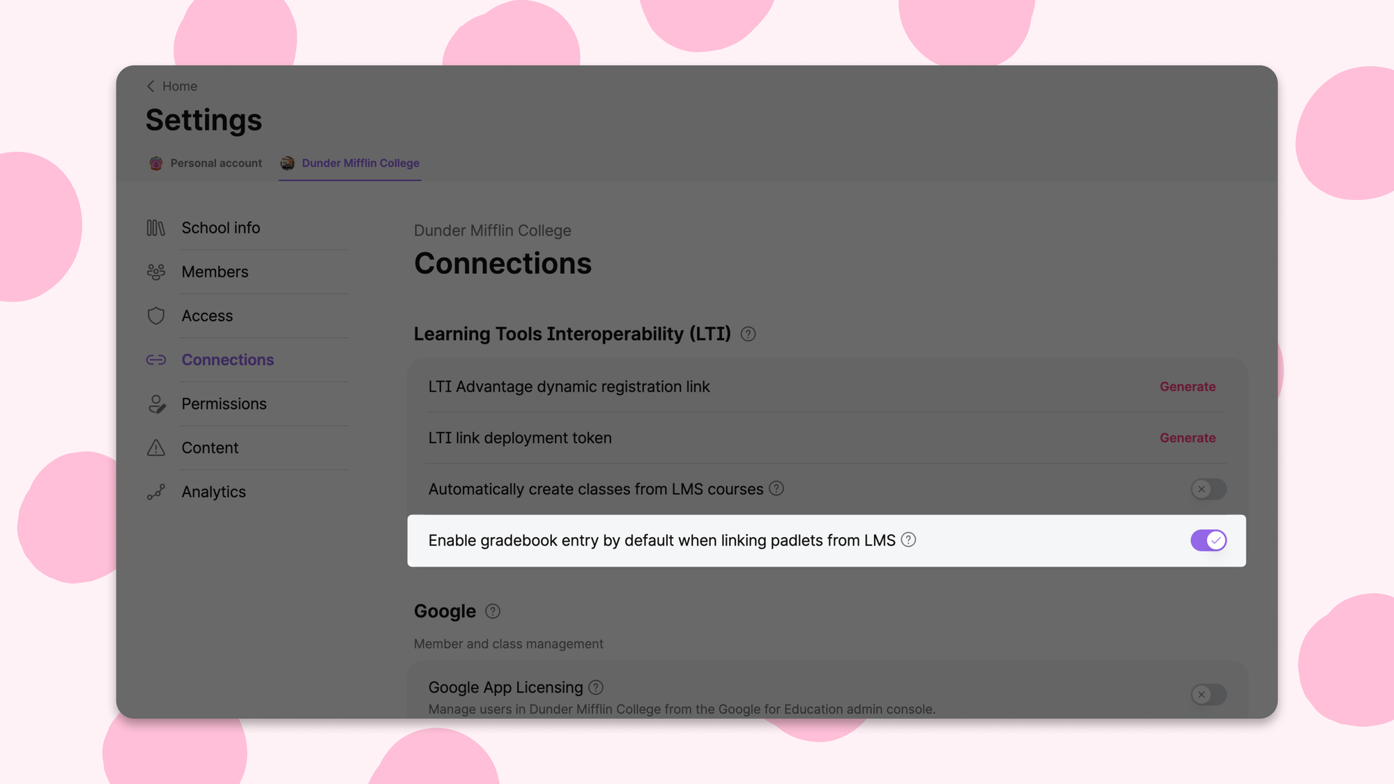 Screenshot of the new Connections page in Padlet for Schools account settings highlighting the ability to toggle default gradebook behavior.