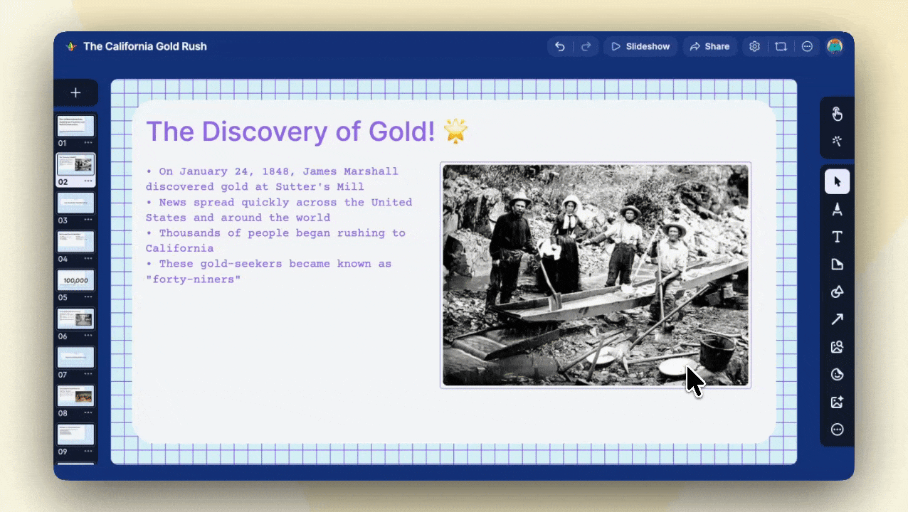 A GIF showing a sandbox made from imported Google Slides with new text being added from the sandbox.