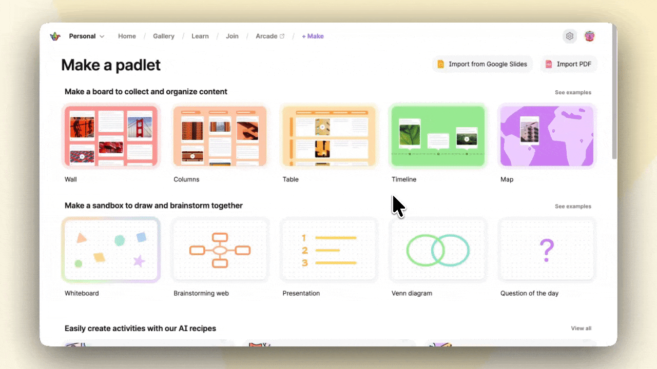 GIF showing how to import from Google Slides by clicking the import button on the Padlet dashboard.