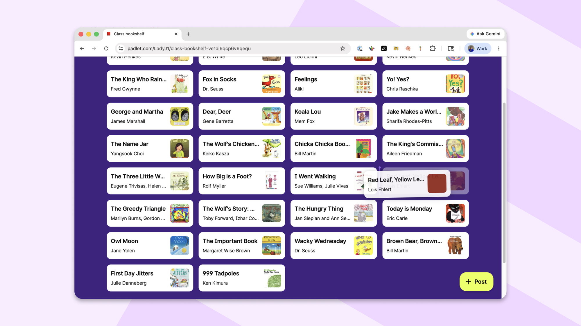 A padlet displayed in Grid layout on desktop, with a post being dragged to a new position while surrounding posts reorganize