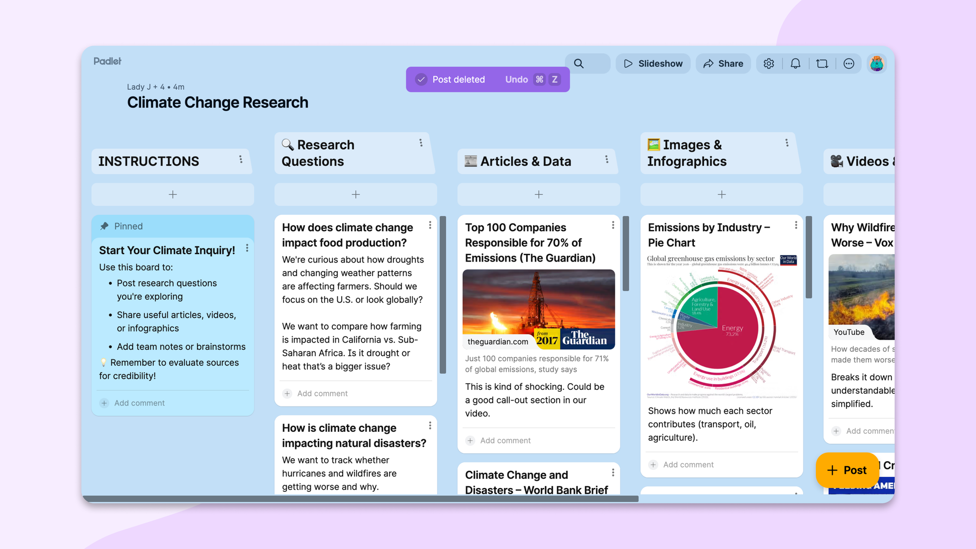 Padlet board showing a "Section deleted" undo toast at the top.