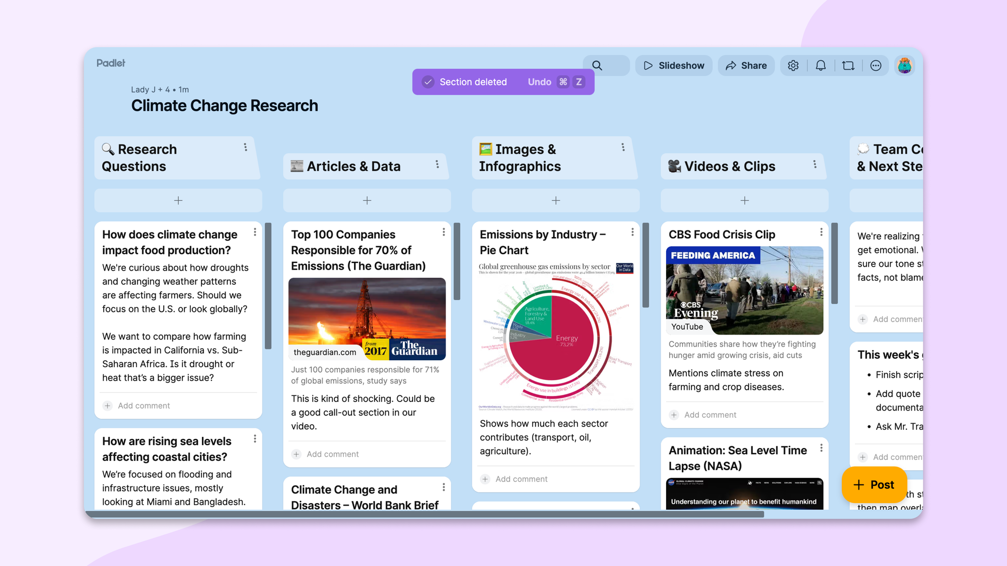 Padlet board showing a "Post deleted" undo toast at the top.