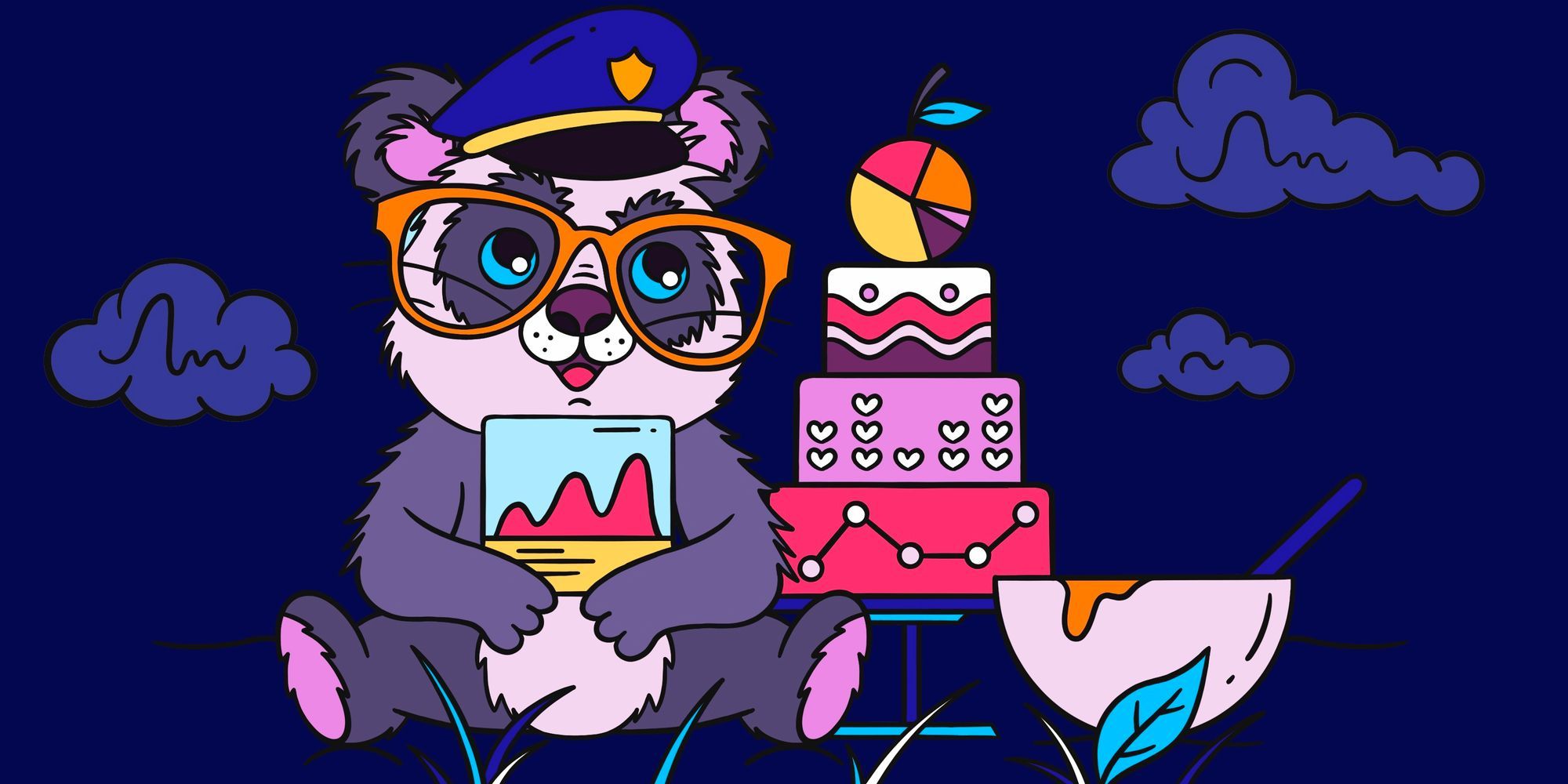 An illustrated image of a koala bear in a police officer hat atop a purple background.