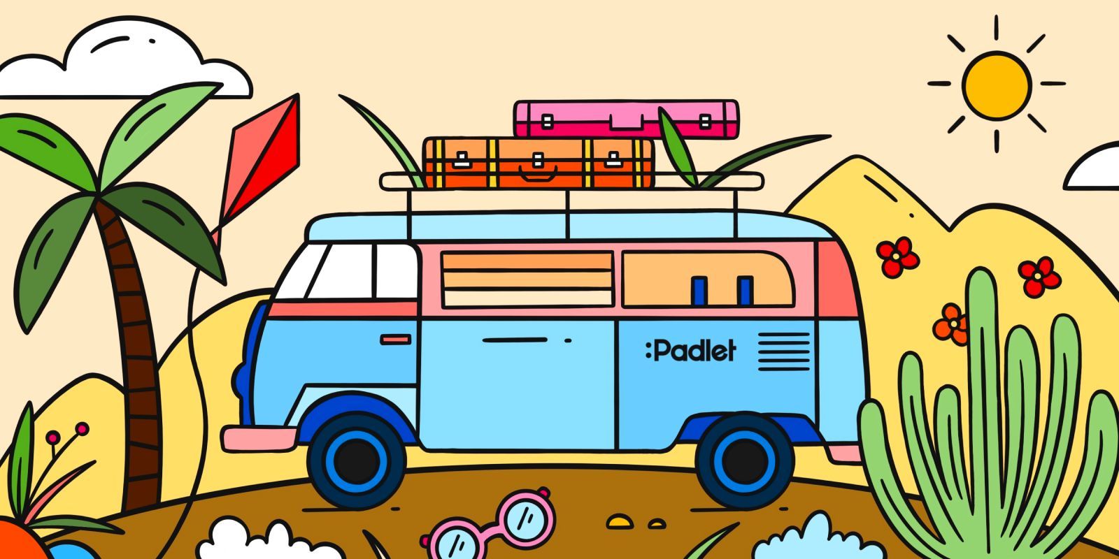Illustration of a camper van moving across the desert.