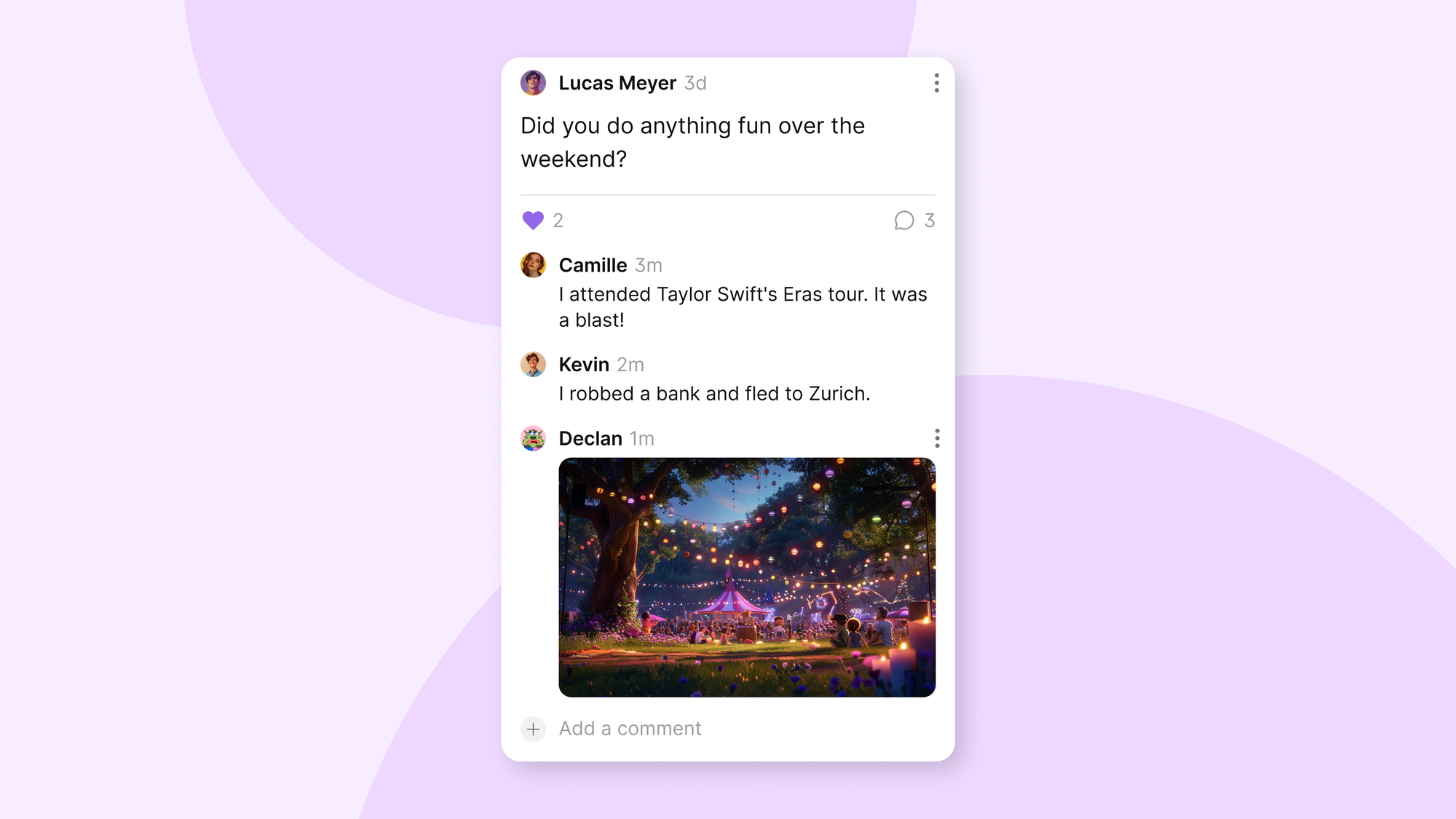 A screenshot of a comment with an image over a lavender background