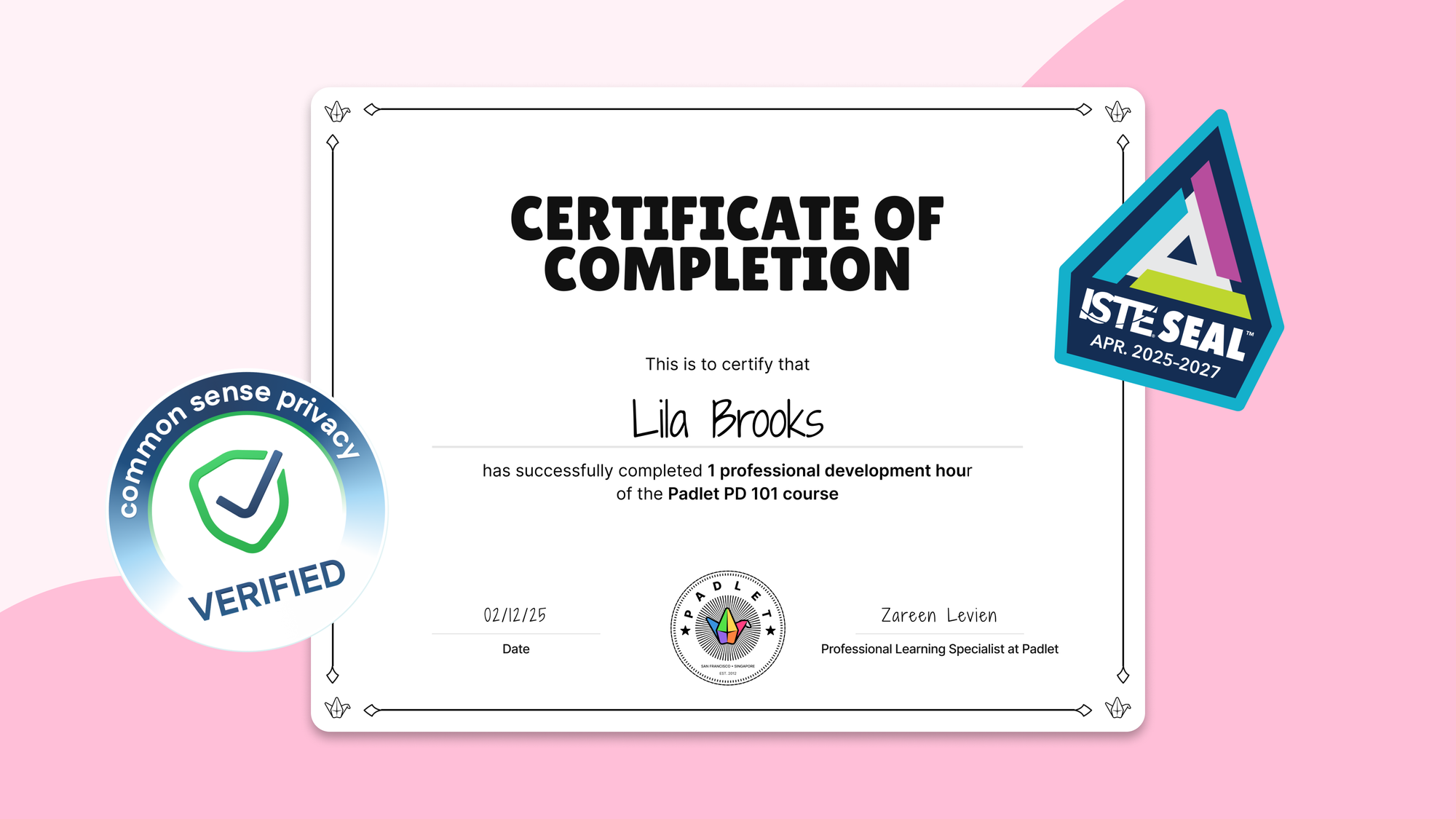 Padlet PD 101 completion certificate with Common Sense Privacy and ISTE certification badges.