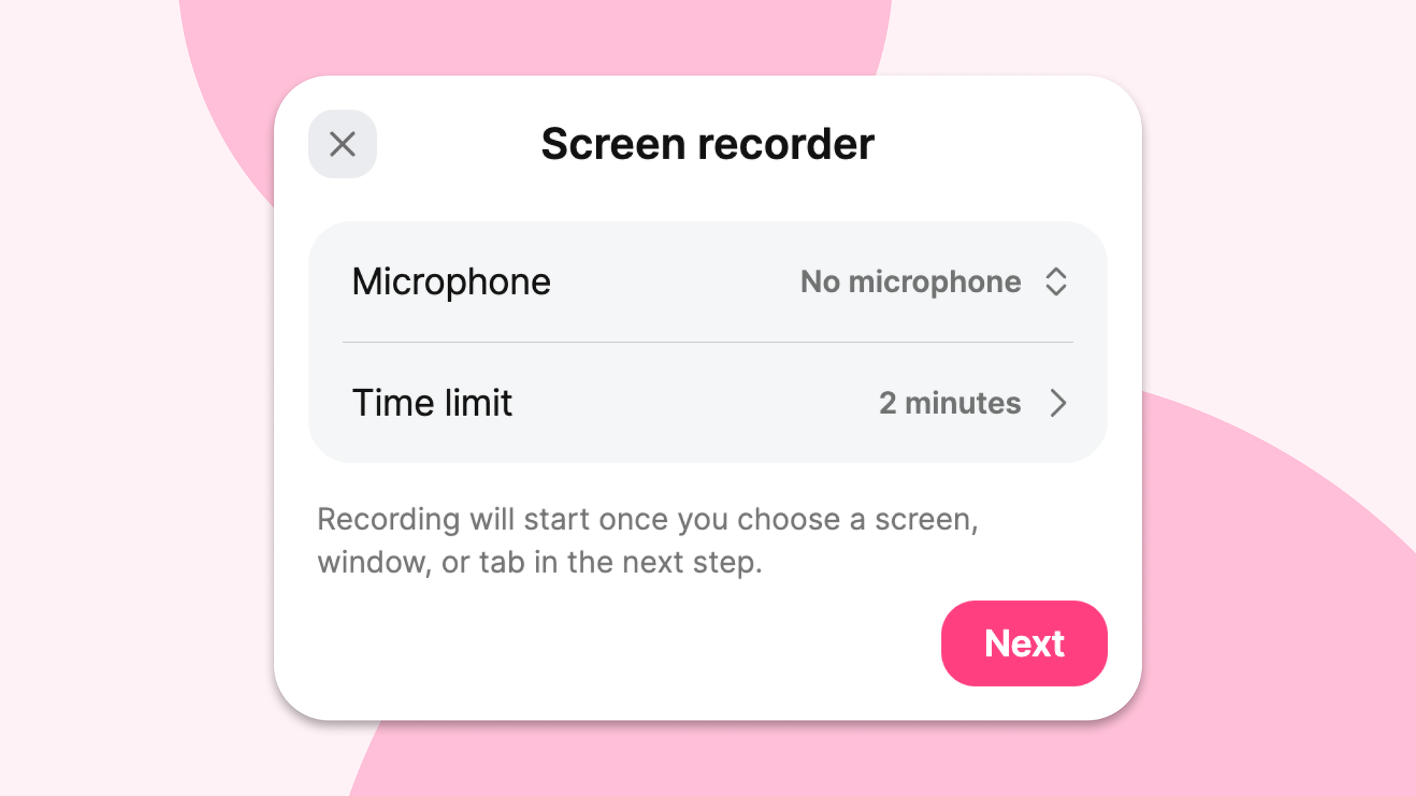 Screen recorder settings with microphone and time limit options before starting a recording.