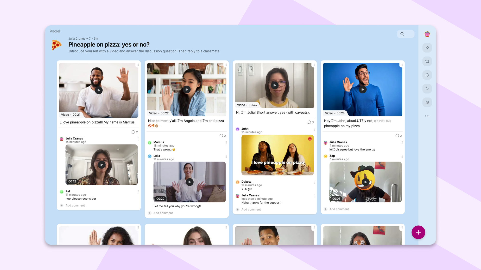 A board with students debating whether pineapple belongs on pizza using video replies.
