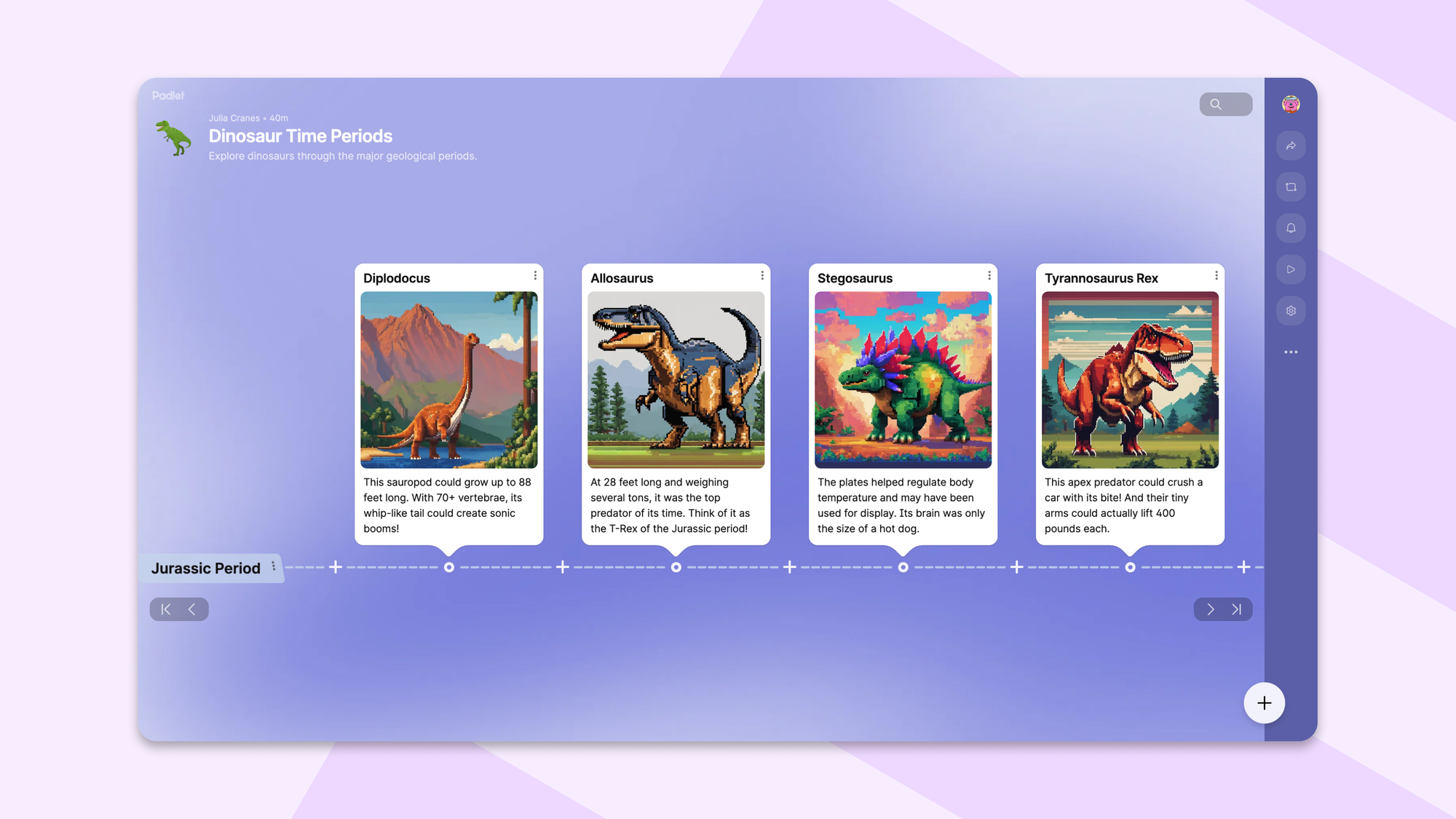 Dinosaur timeline on a padlet showing four species connected by a dashed timeline
