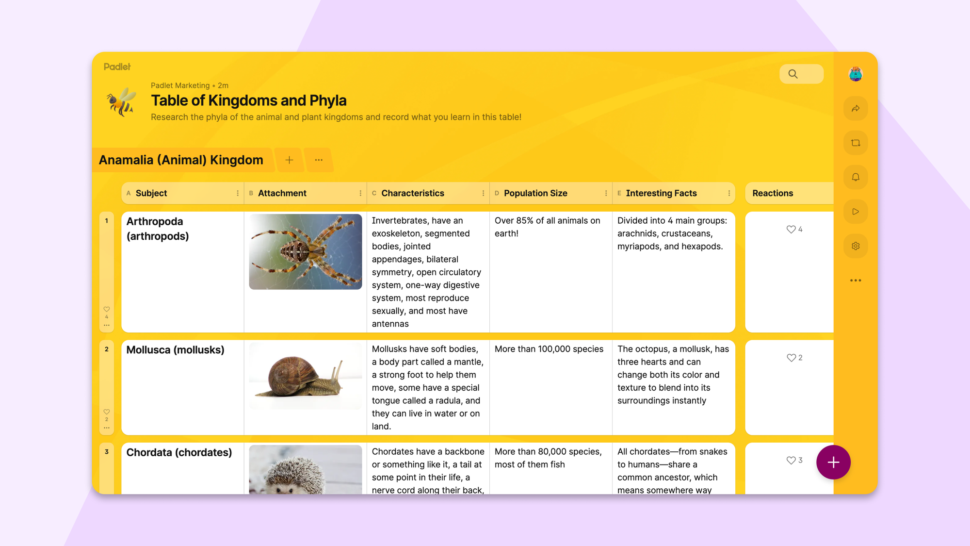 Biology table showing animal kingdoms in organized rows and columns